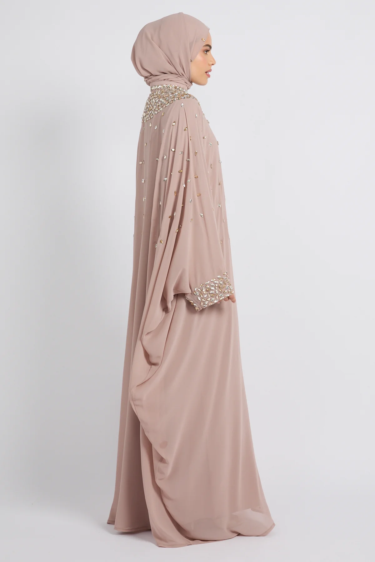 Noor Royale Three Piece Embellished Luxe Closed Abaya - Nude Beige - Image 8