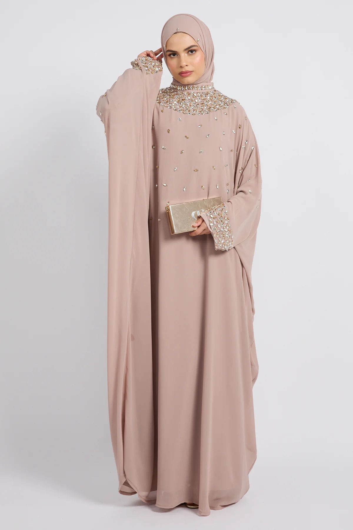 Noor Royale Three Piece Embellished Luxe Closed Abaya - Nude Beige - Image 9