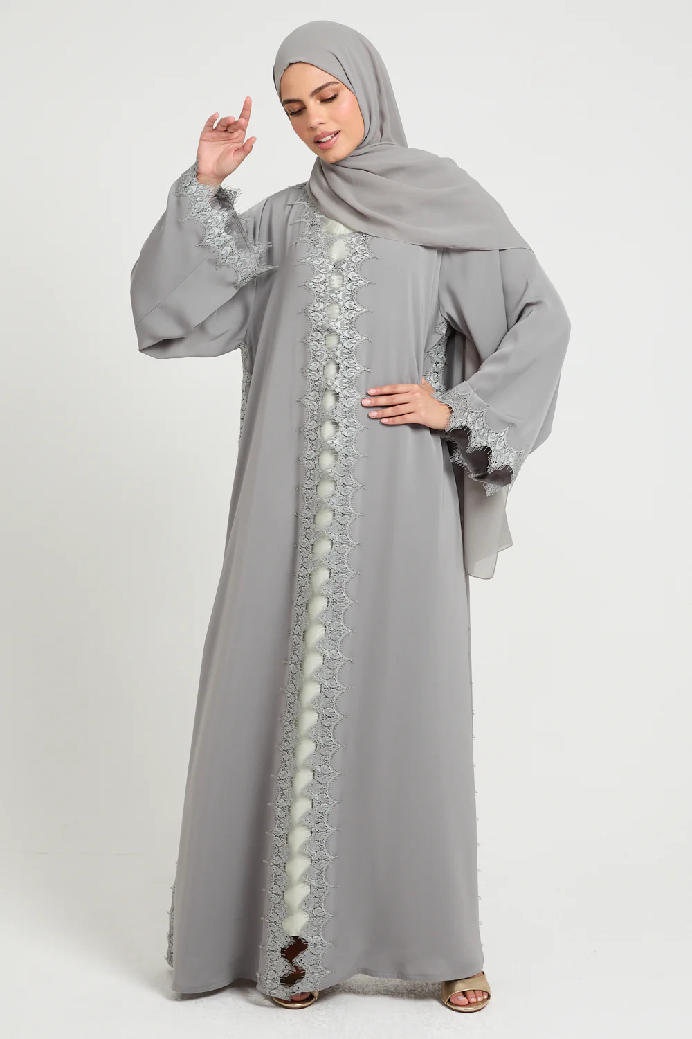 Olive Dove Luxe Lace Open Abaya - Image 3