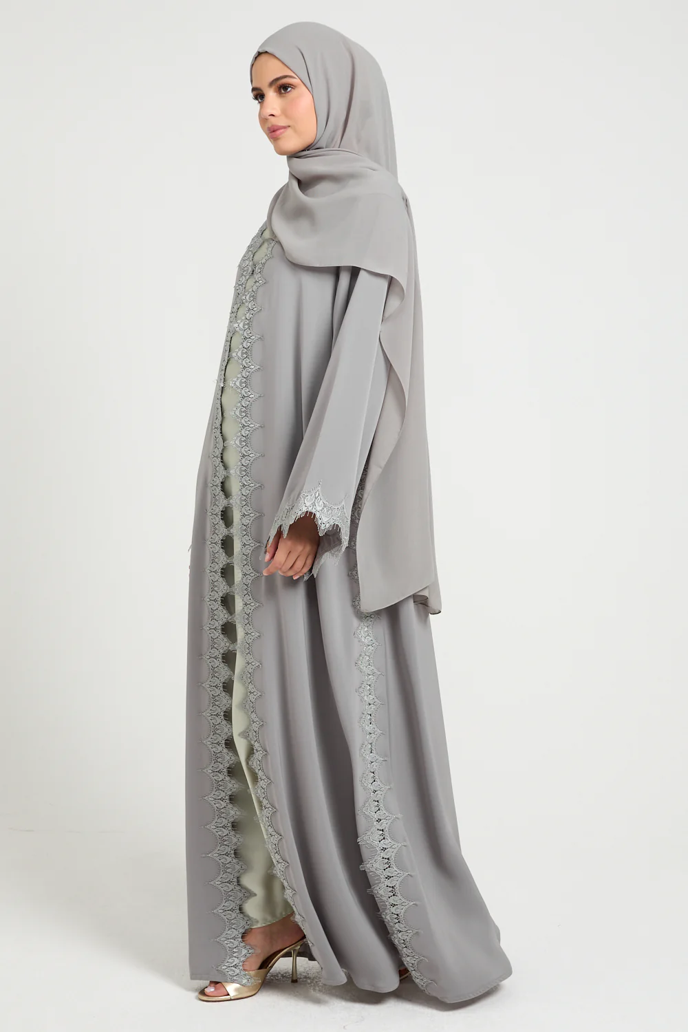 Olive Dove Luxe Lace Open Abaya - Image 5