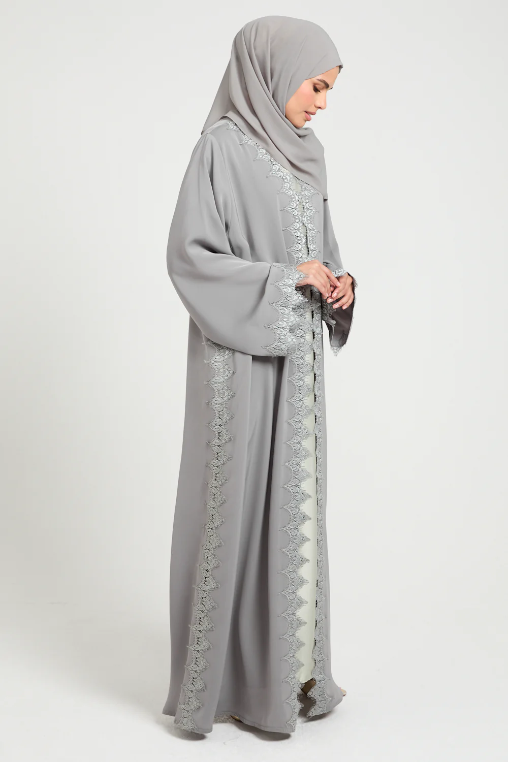 Olive Dove Luxe Lace Open Abaya - Image 7