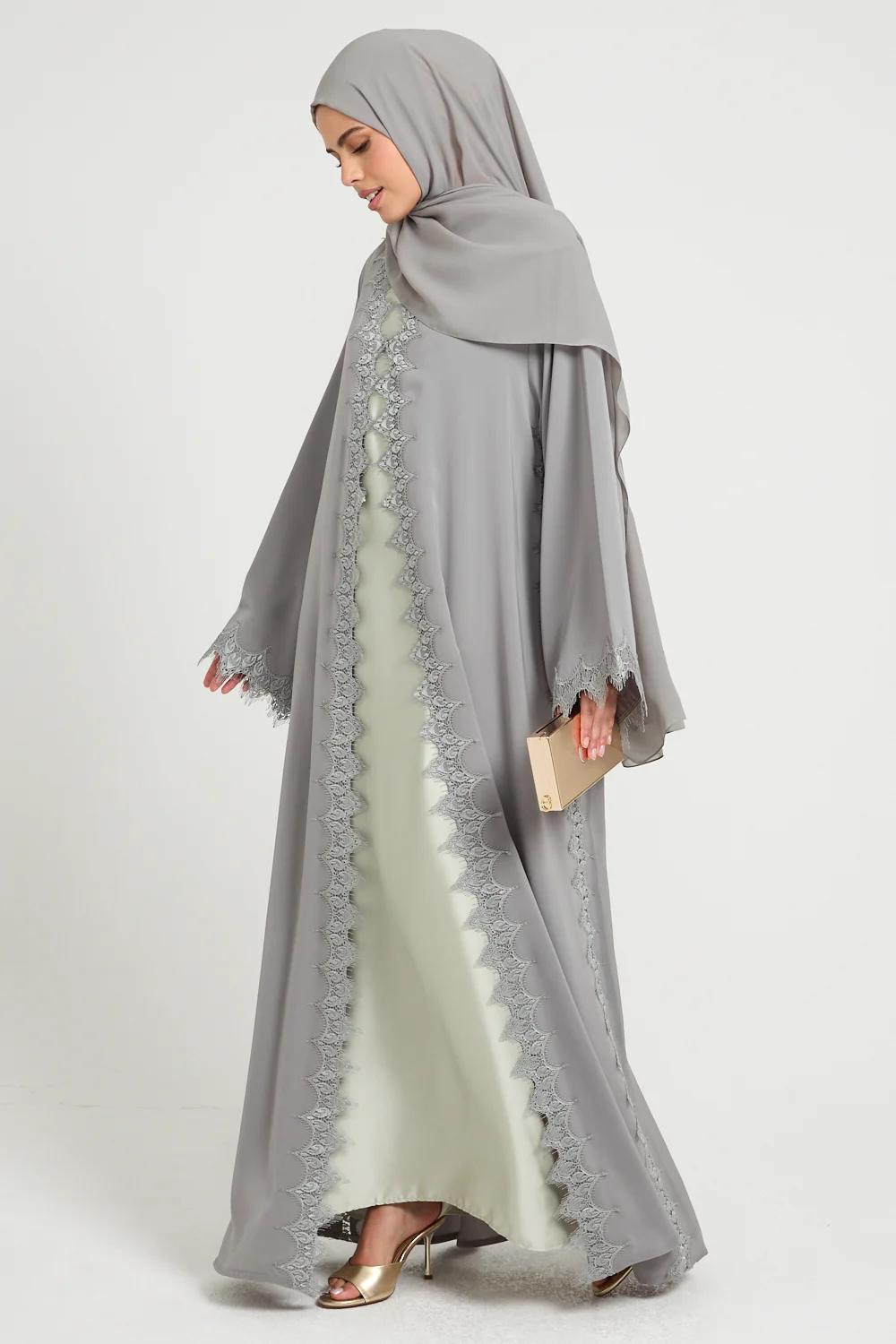Olive Dove Luxe Lace Open Abaya - Image 8