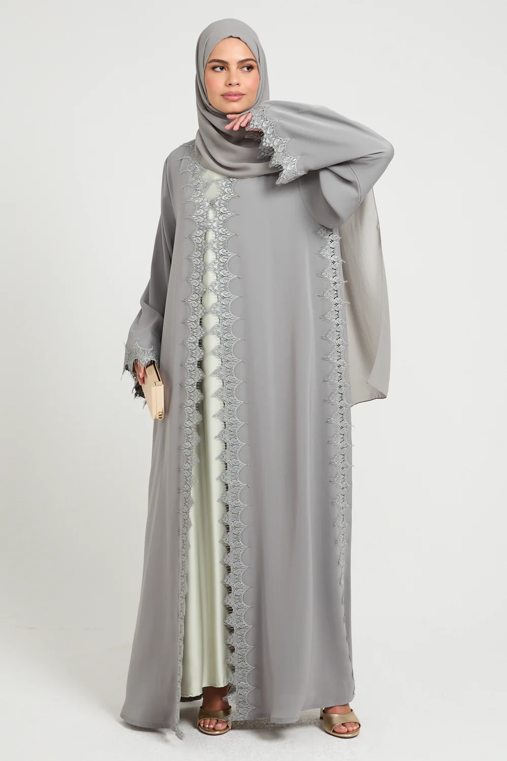 Olive Dove Luxe Lace Open Abaya - Image 9