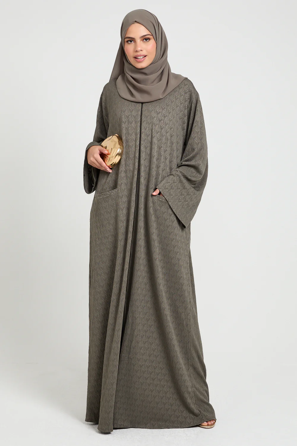 Olivewood Textured Semi-Closed Abaya with Zip and Pockets - LIMITED EDITION
