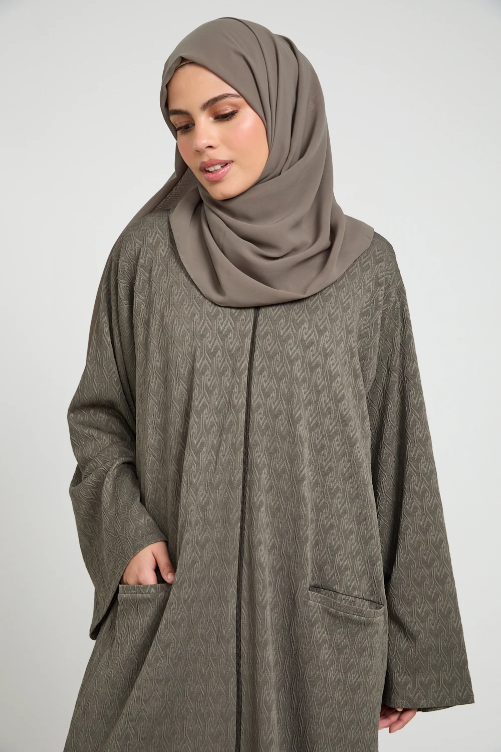 Olivewood Textured Semi-Closed Abaya with Zip and Pockets - LIMITED EDITION - Image 2