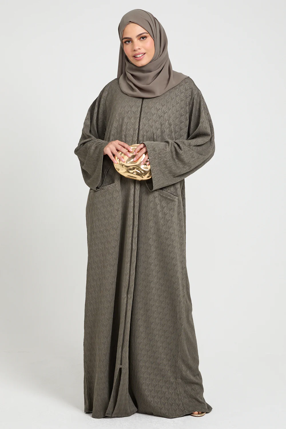 Olivewood Textured Semi-Closed Abaya with Zip and Pockets - LIMITED EDITION - Image 3