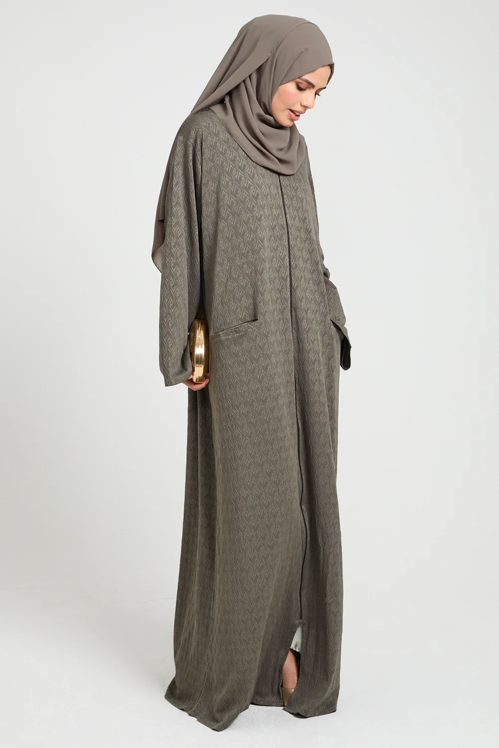 Olivewood Textured Semi-Closed Abaya with Zip and Pockets - LIMITED EDITION - Image 5