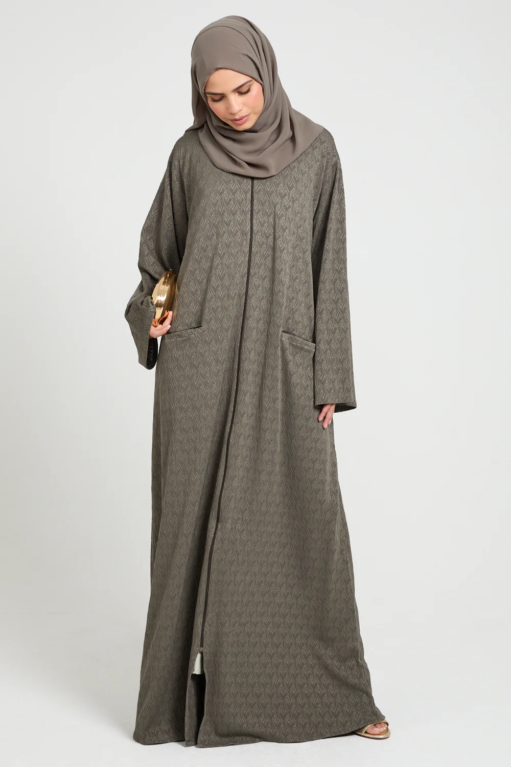 Olivewood Textured Semi-Closed Abaya with Zip and Pockets - LIMITED EDITION - Image 7