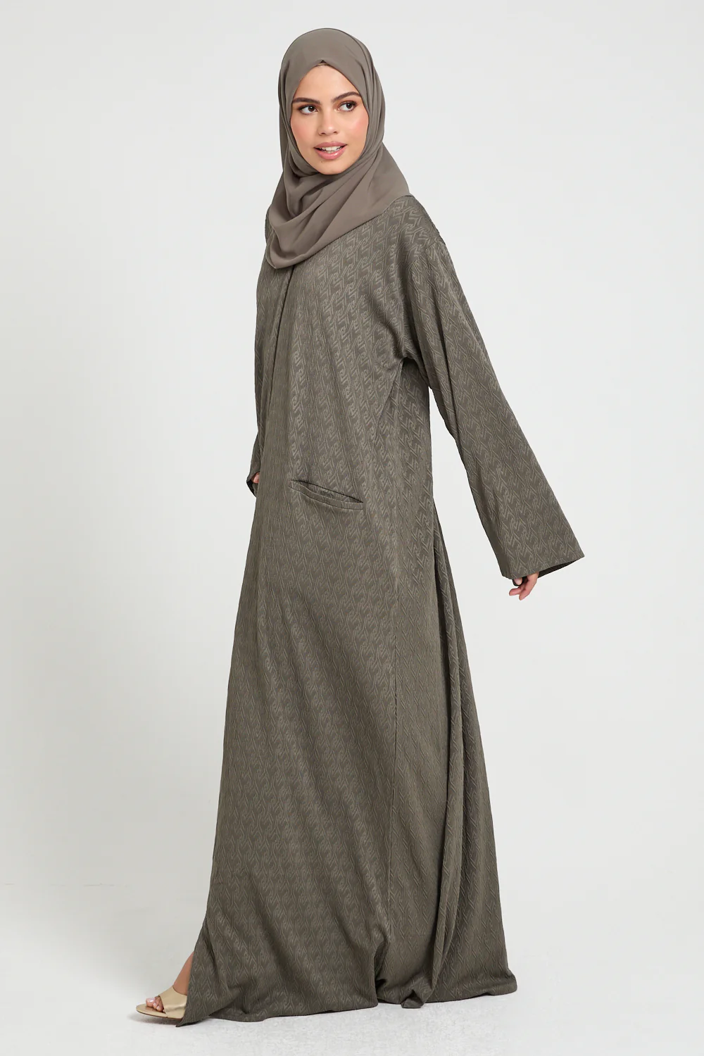 Olivewood Textured Semi-Closed Abaya with Zip and Pockets - LIMITED EDITION - Image 8
