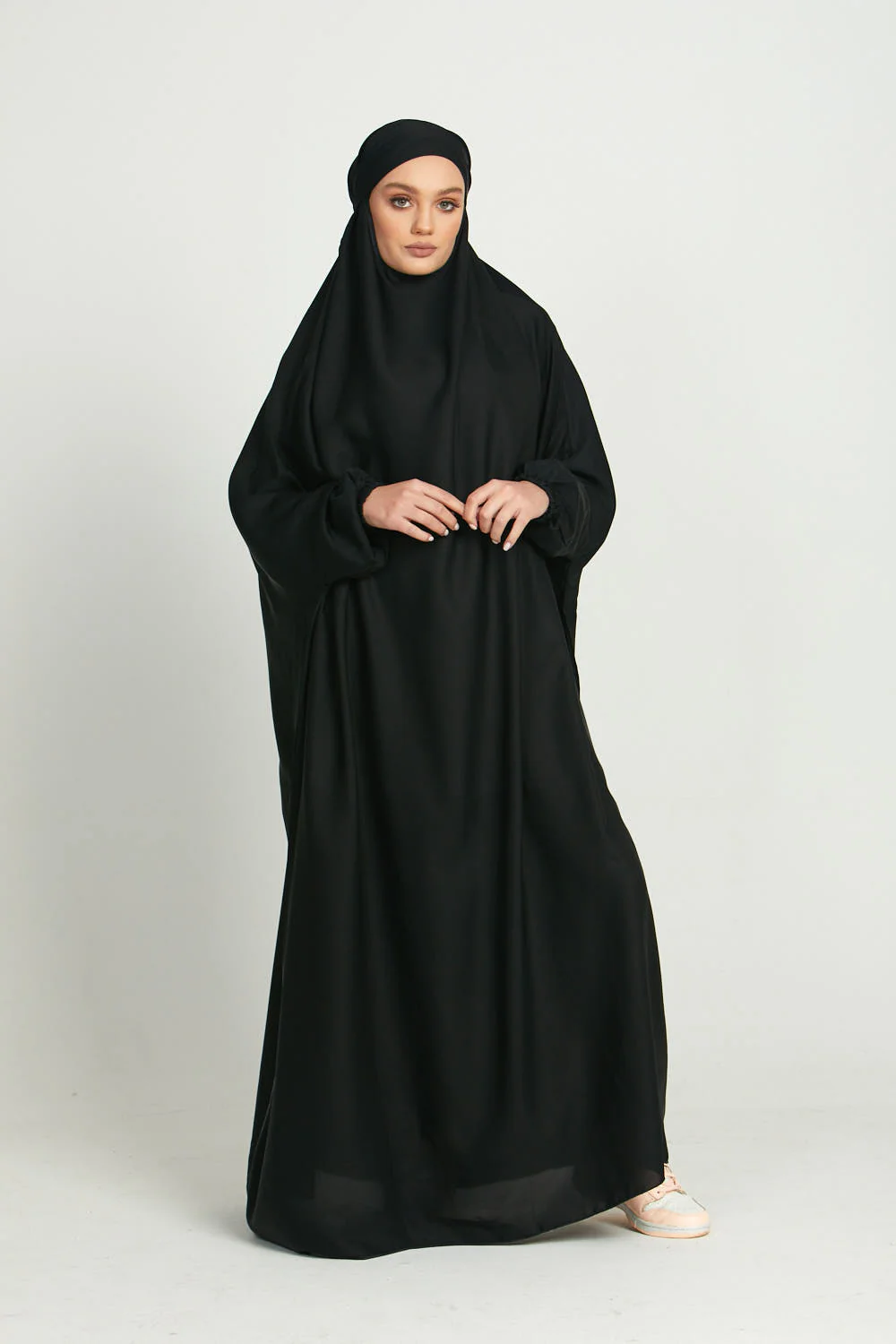 One Piece Full Length Jilbab/ Prayer Abaya - Elasticated Cuff - Black - Image 4