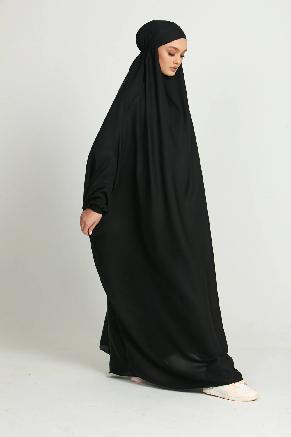 One Piece Full Length Jilbab/ Prayer Abaya - Elasticated Cuff - Black - Image 5