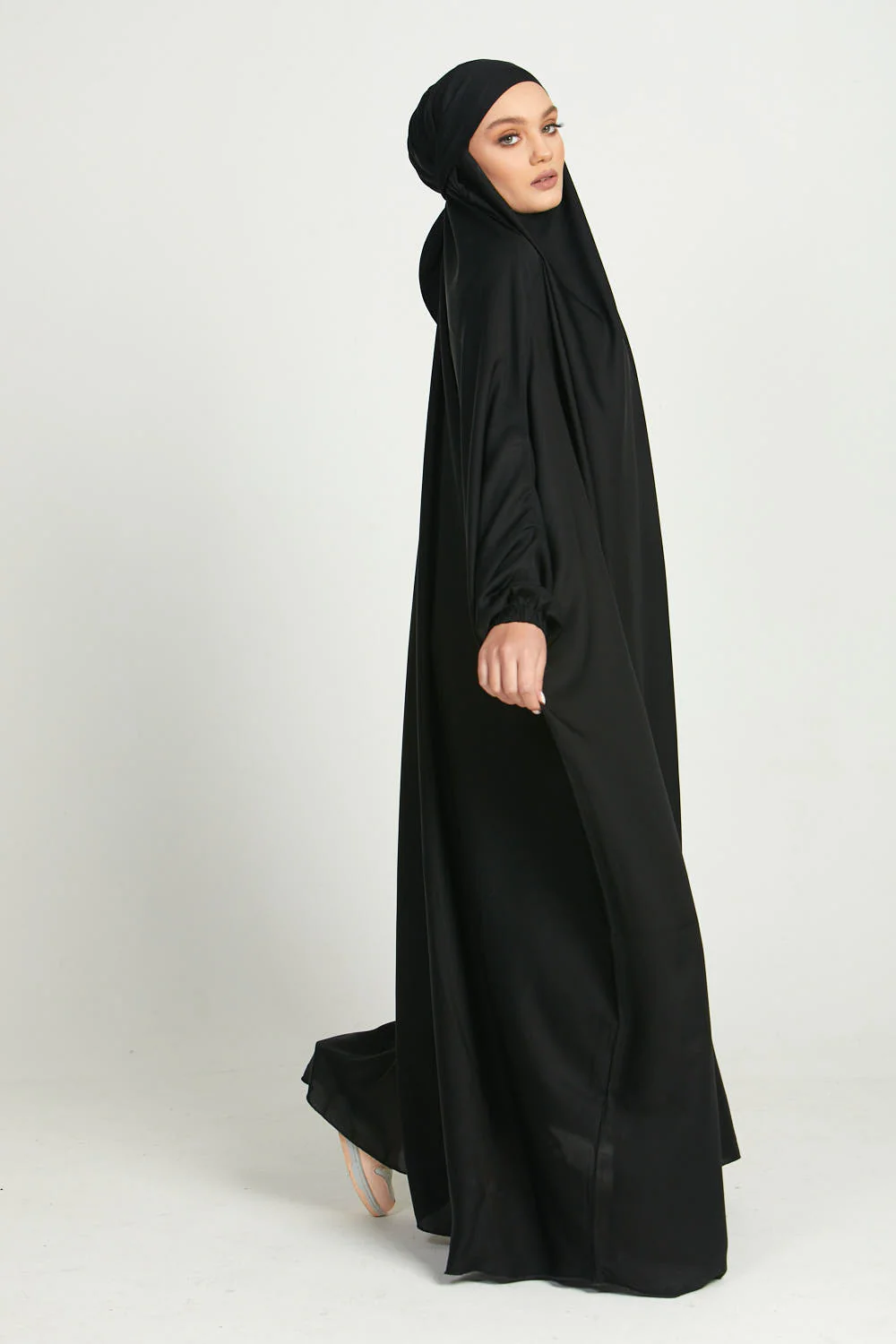 One Piece Full Length Jilbab/ Prayer Abaya - Elasticated Cuff - Black - Image 6