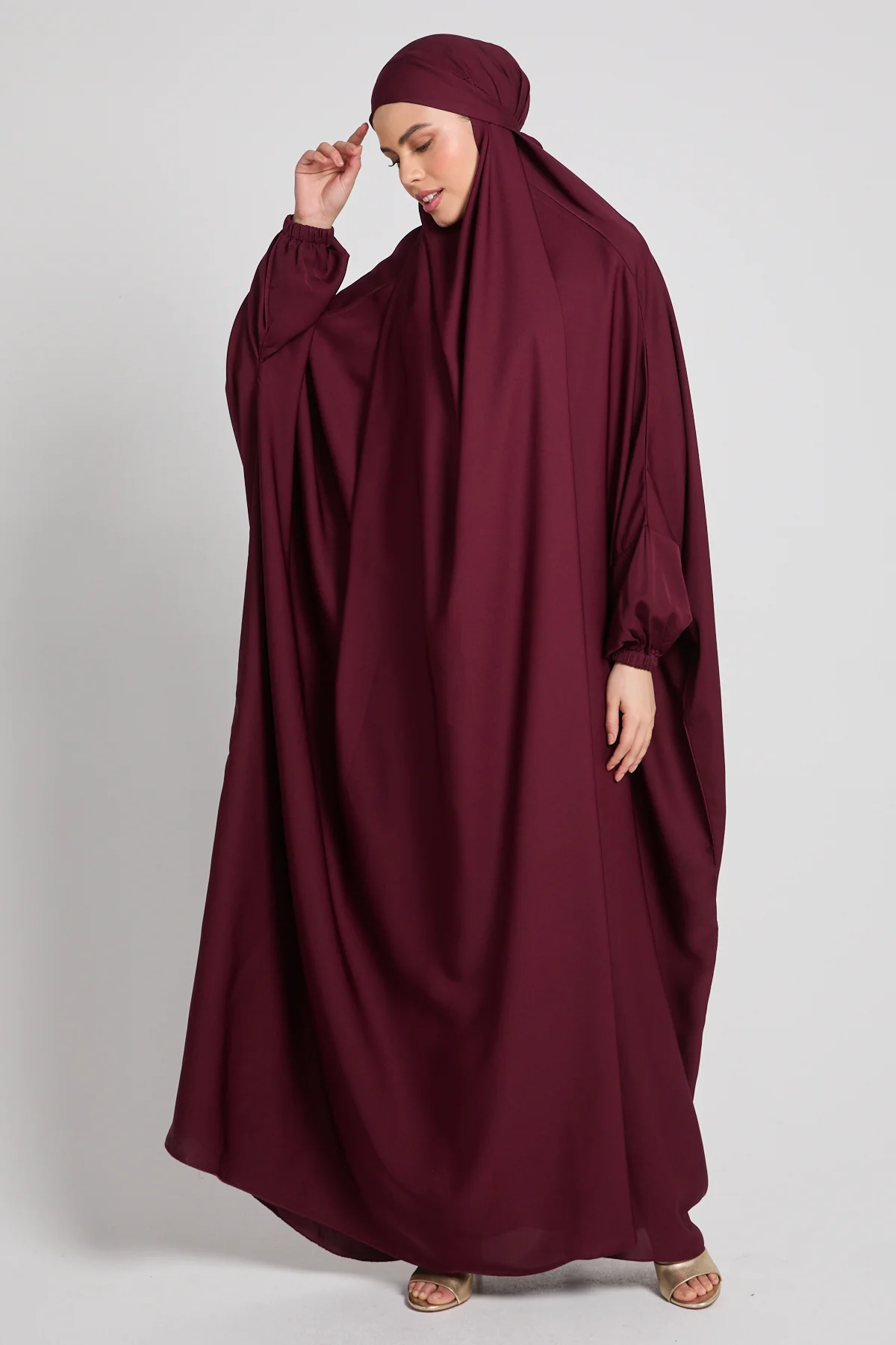 One Piece Full Length Jilbab / Prayer Abaya  - Elasticated Cuff - Burgundy Rose - Image 5