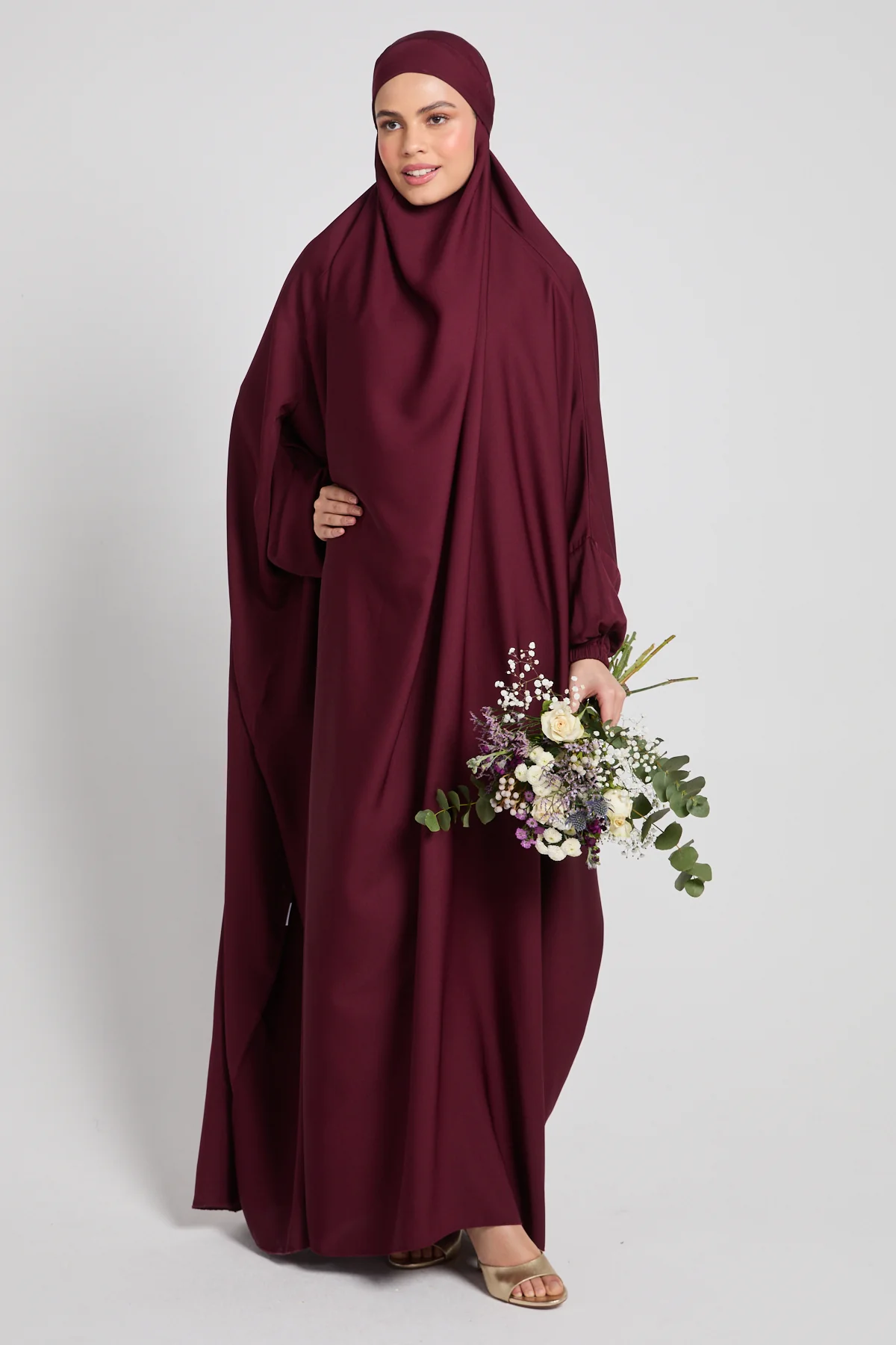 One Piece Full Length Jilbab / Prayer Abaya  - Elasticated Cuff - Burgundy Rose - Image 6