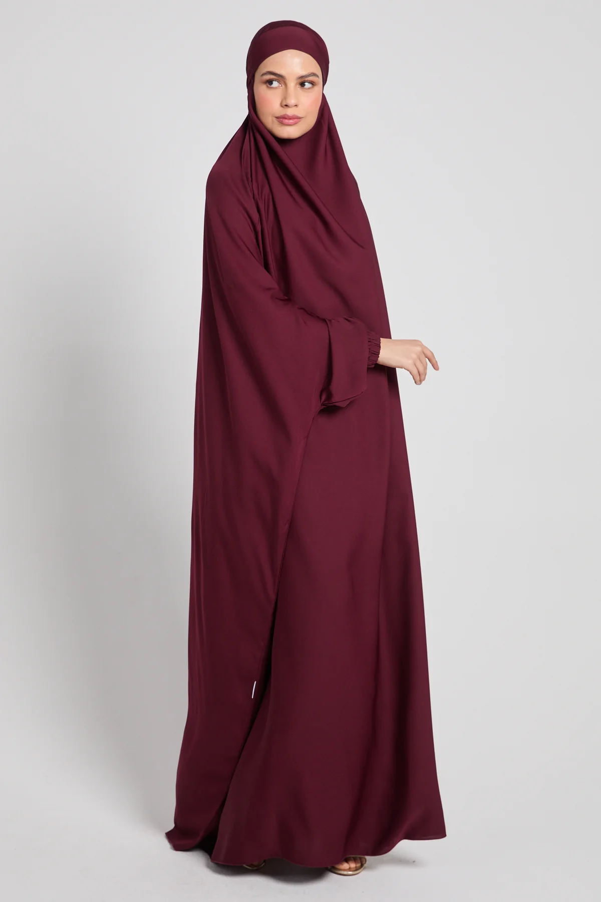 One Piece Full Length Jilbab / Prayer Abaya  - Elasticated Cuff - Burgundy Rose - Image 7