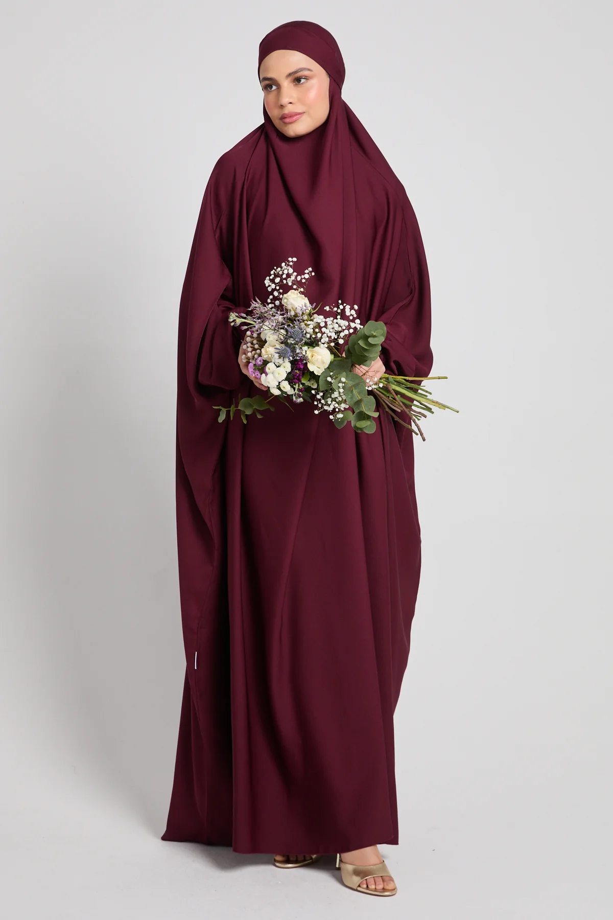 One Piece Full Length Jilbab / Prayer Abaya  - Elasticated Cuff - Burgundy Rose - Image 8
