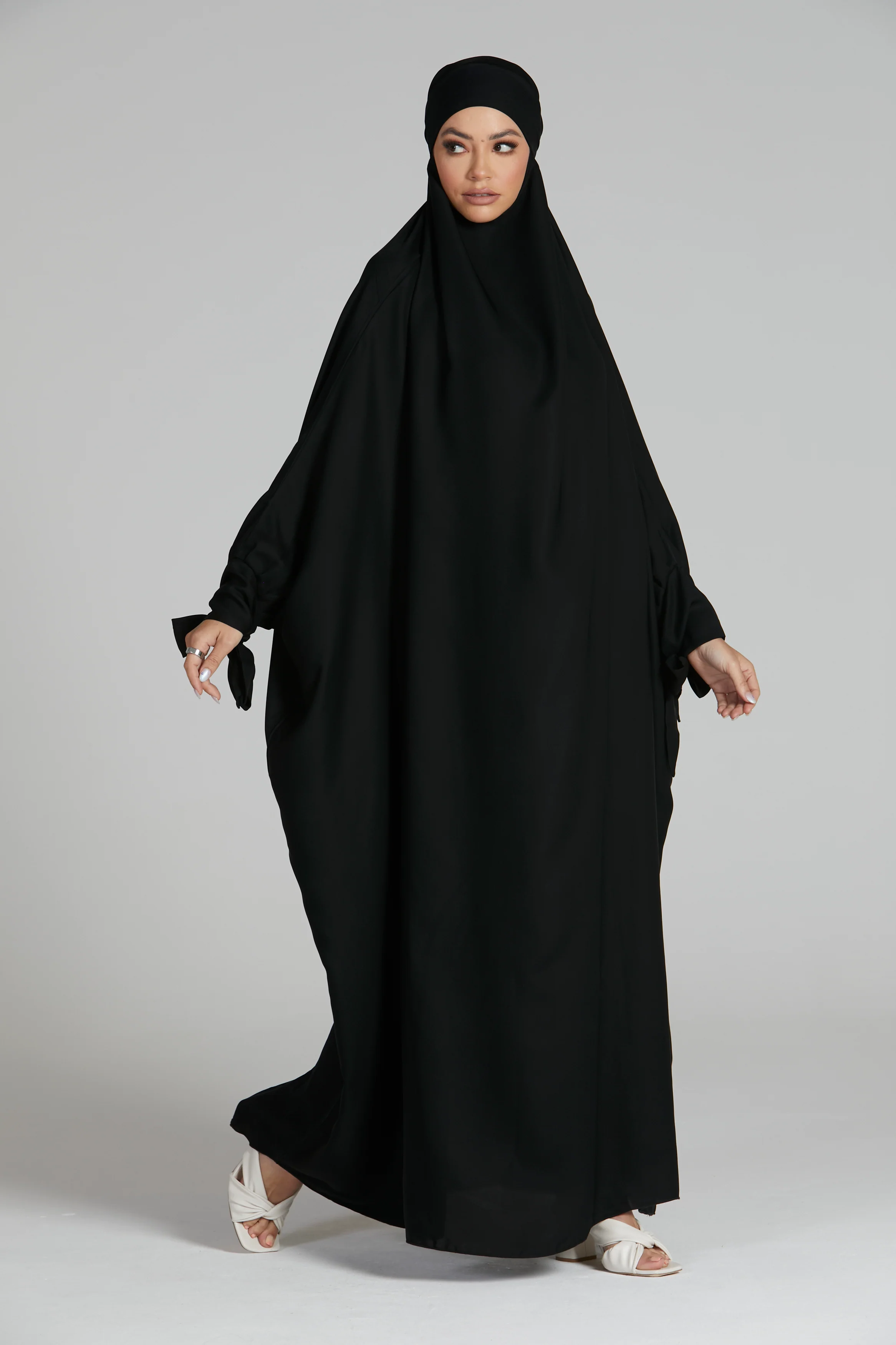 One Piece Full Length Jilbab/Prayer Abaya - Tie Up Cuffs - Black - Image 3