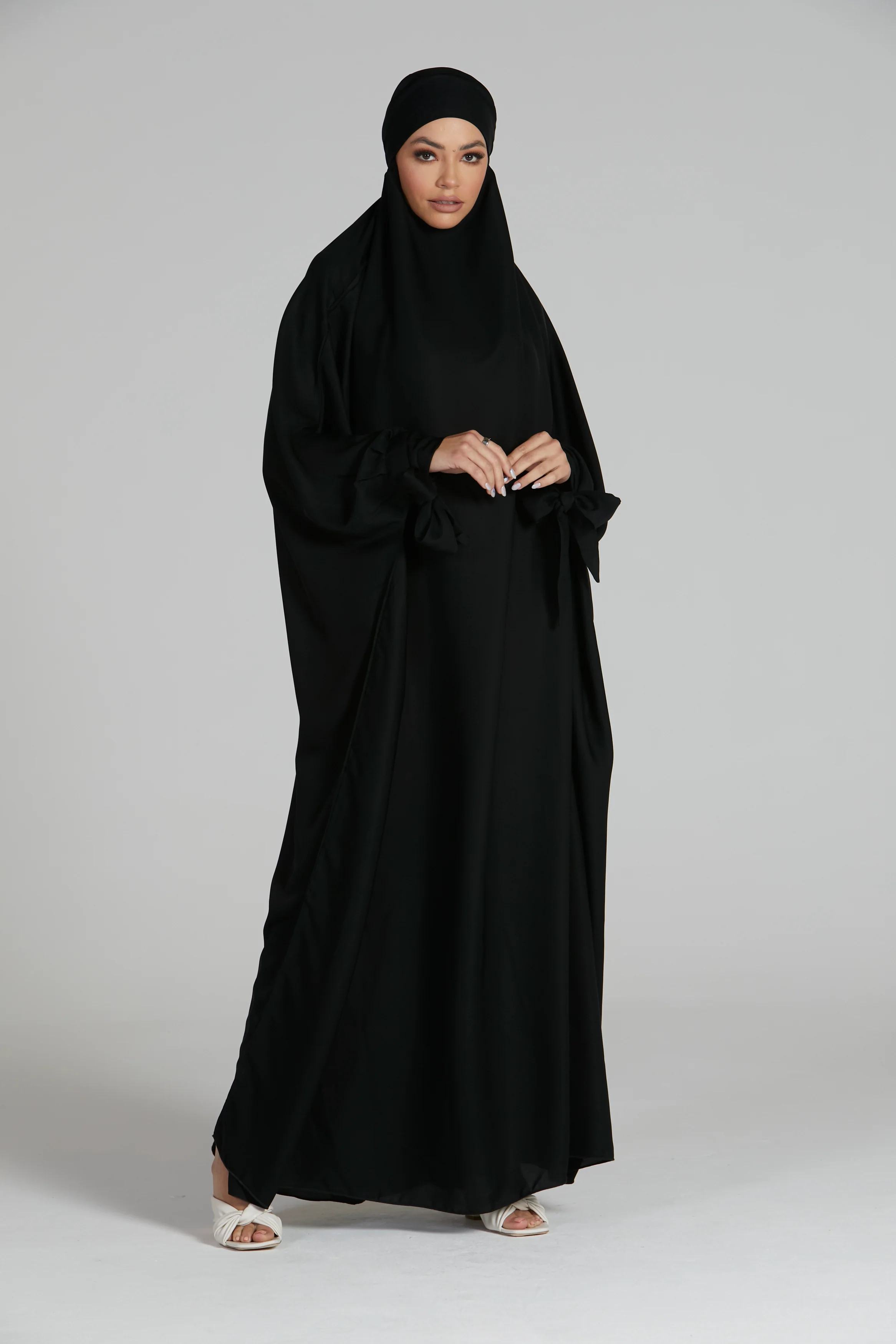 One Piece Full Length Jilbab/Prayer Abaya - Tie Up Cuffs - Black - Image 4