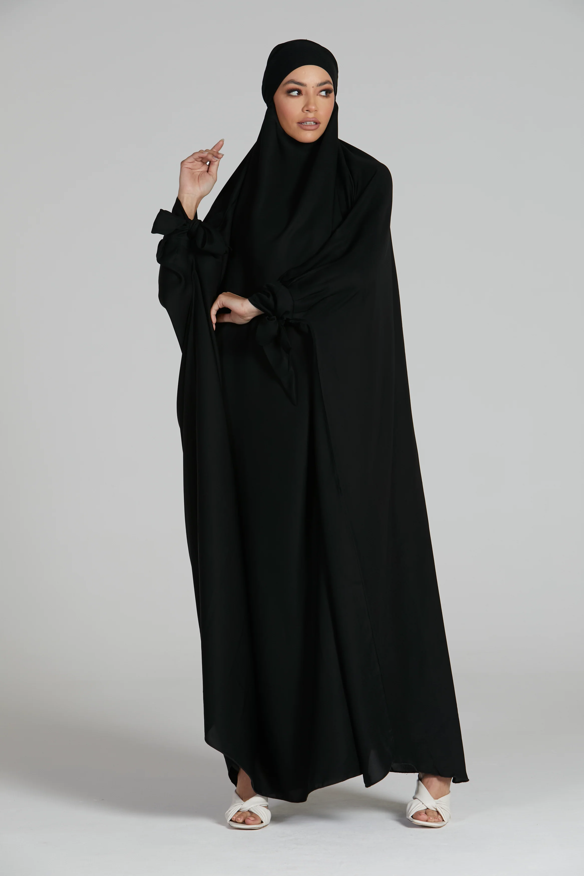 One Piece Full Length Jilbab/Prayer Abaya - Tie Up Cuffs - Black - Image 5