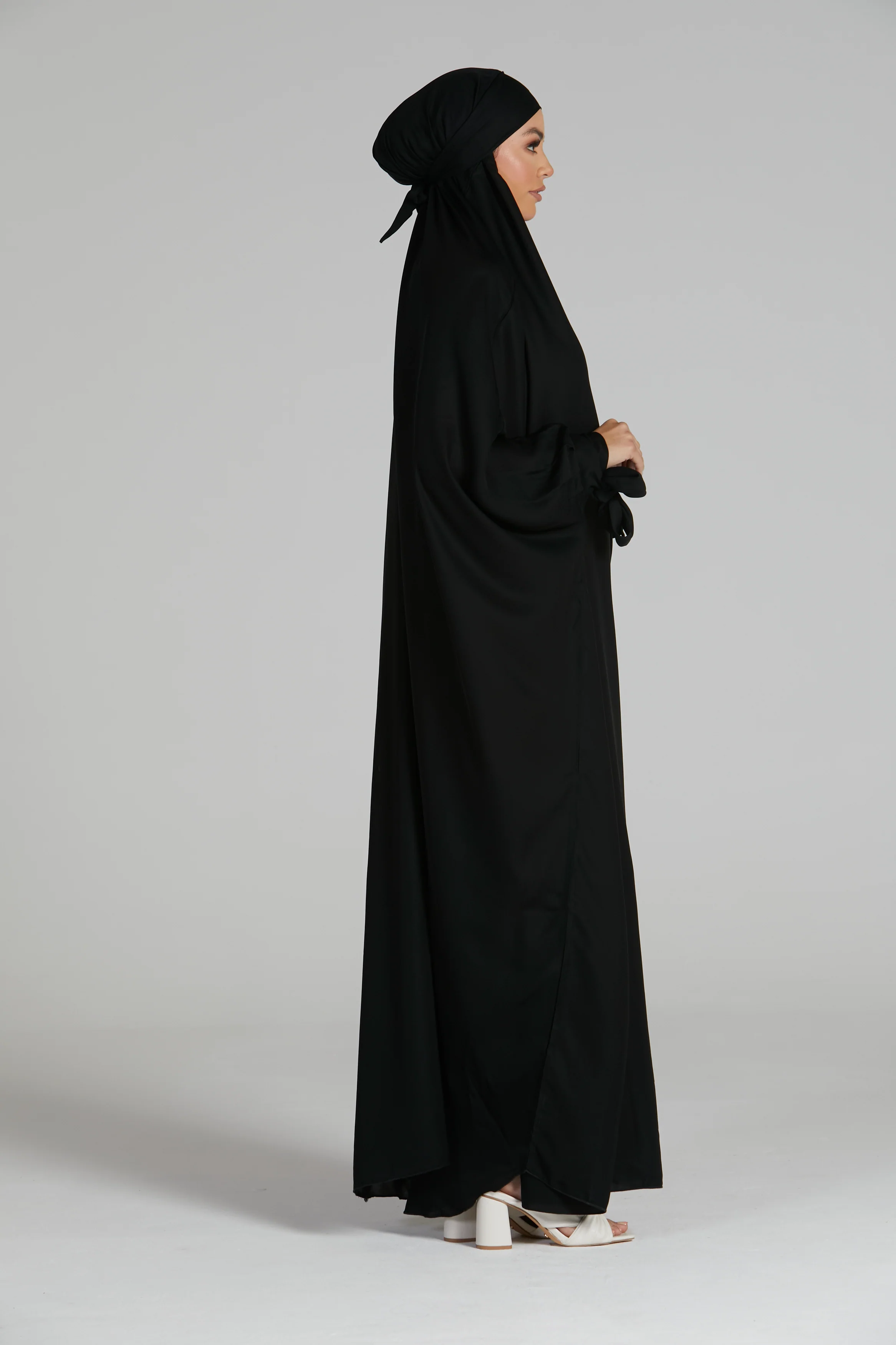 One Piece Full Length Jilbab/Prayer Abaya - Tie Up Cuffs - Black - Image 6