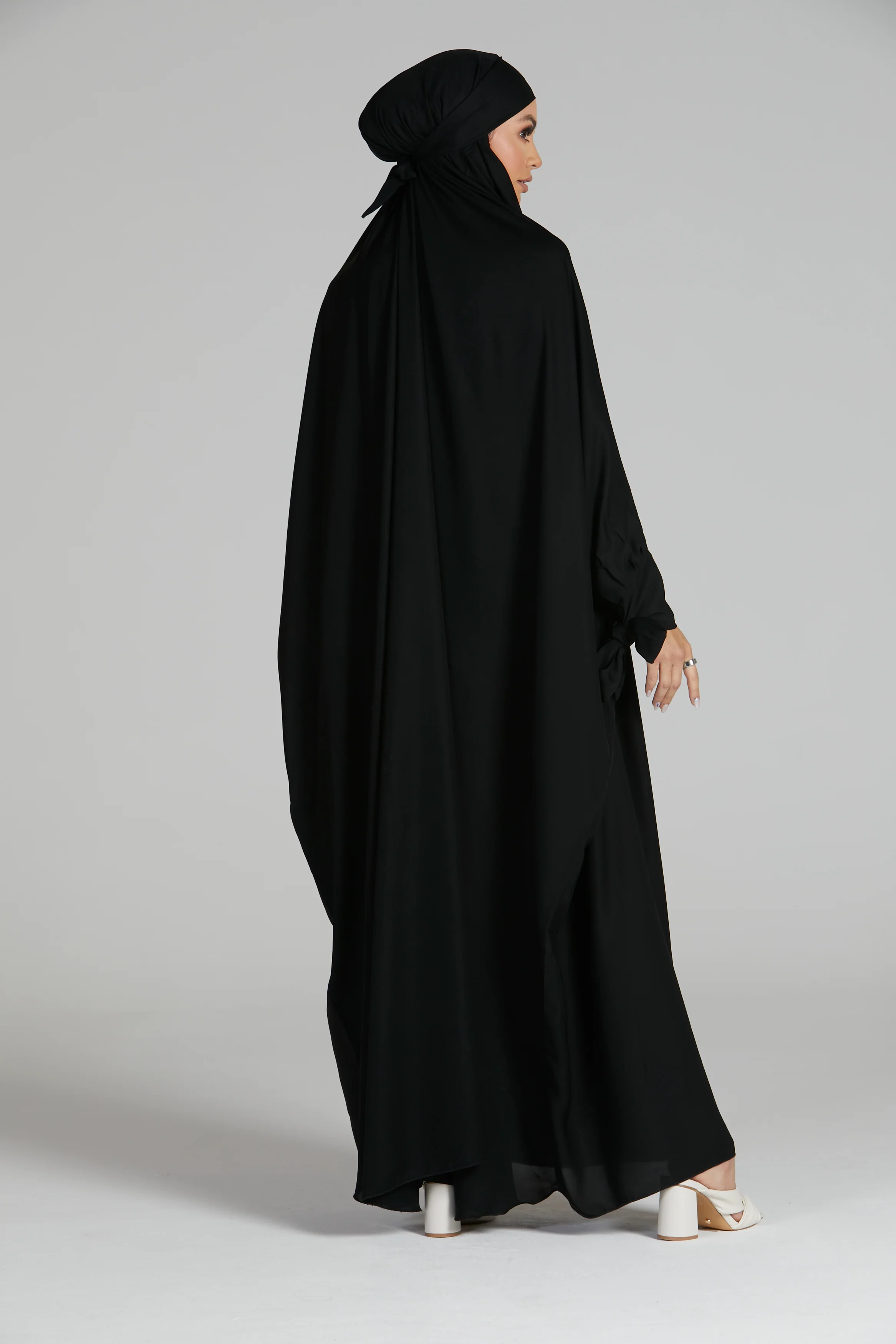 One Piece Full Length Jilbab/Prayer Abaya - Tie Up Cuffs - Black - Image 7