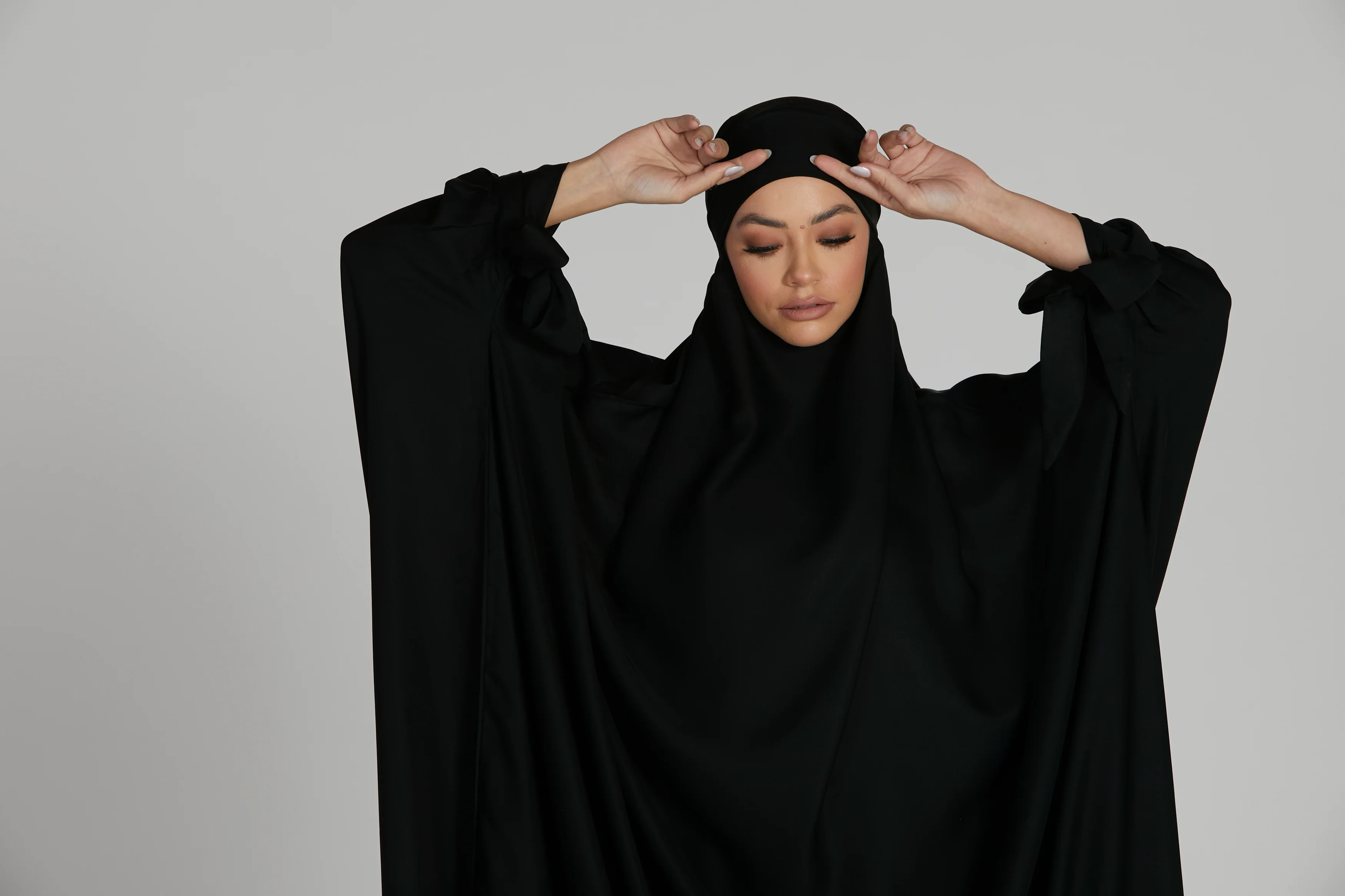 One Piece Full Length Jilbab/Prayer Abaya - Tie Up Cuffs - Black - Image 9