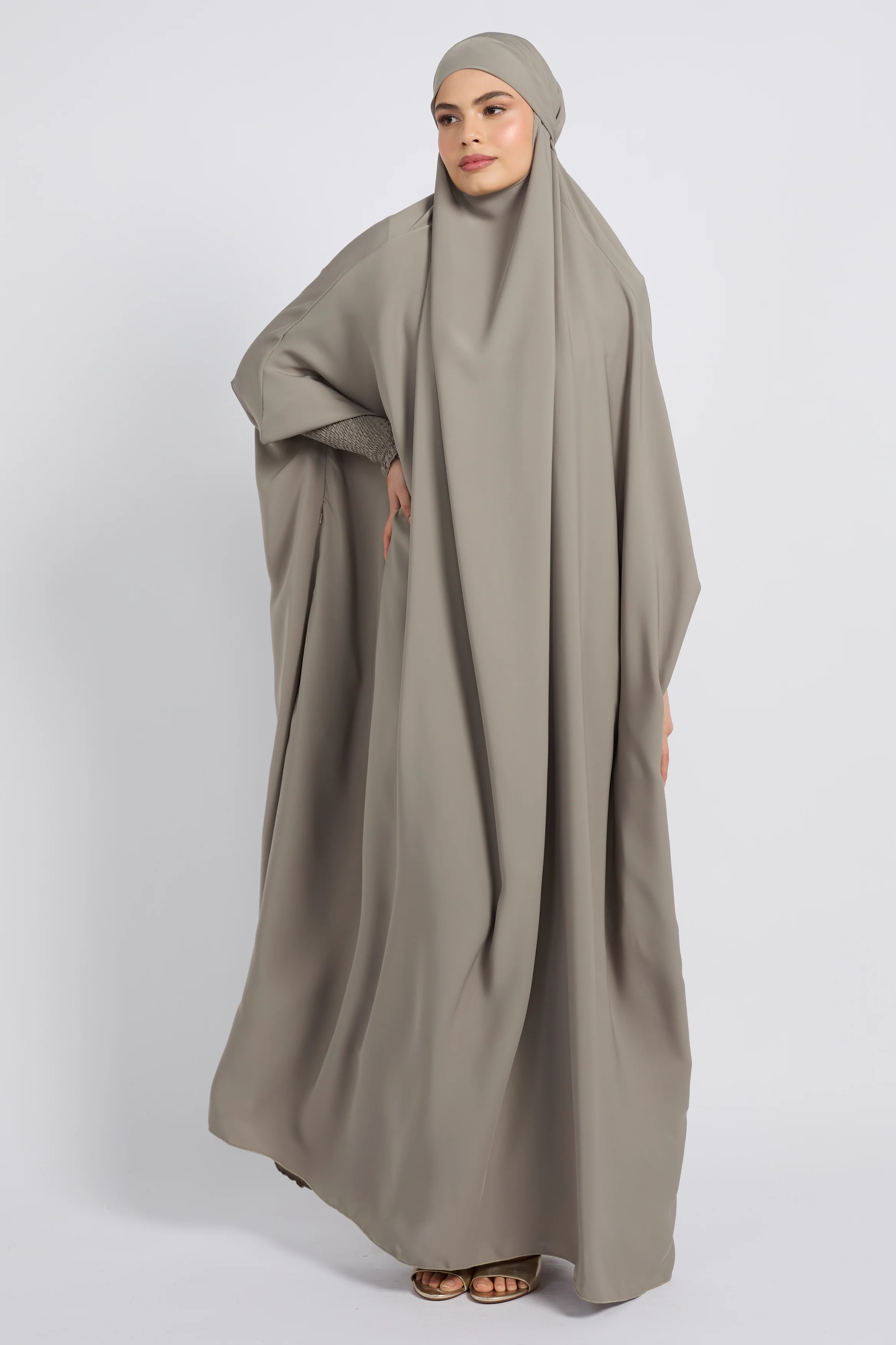One Piece Full Length Jilbab/Prayer Abaya - Zipped Cuffs and Pockets - Sage Grey - Image 6