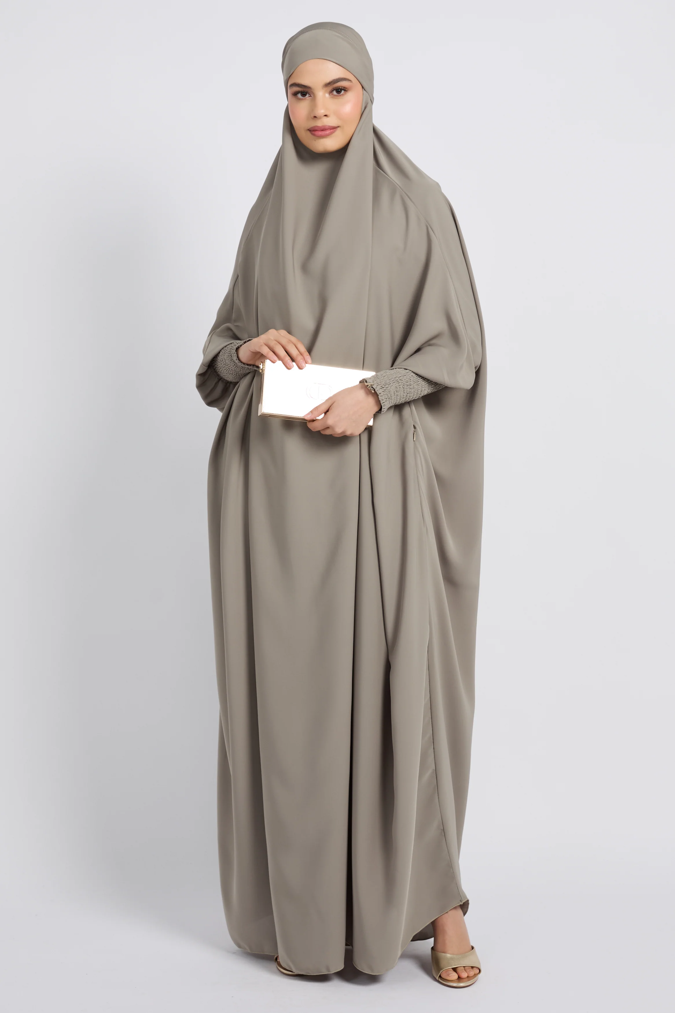 One Piece Full Length Jilbab/Prayer Abaya - Zipped Cuffs and Pockets - Sage Grey - Image 7