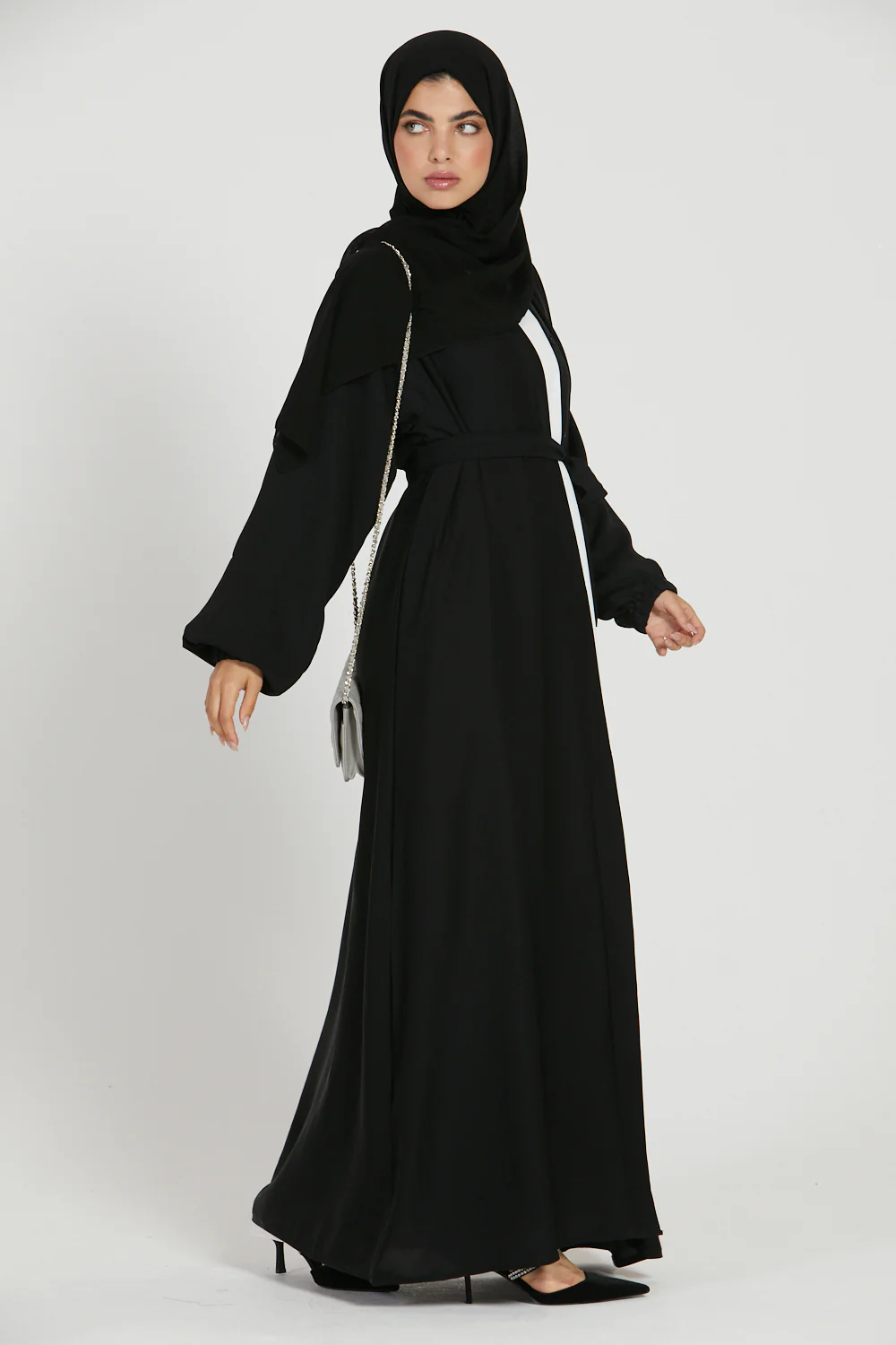Open Abaya with Elasticated Cuffs - Black - Image 2