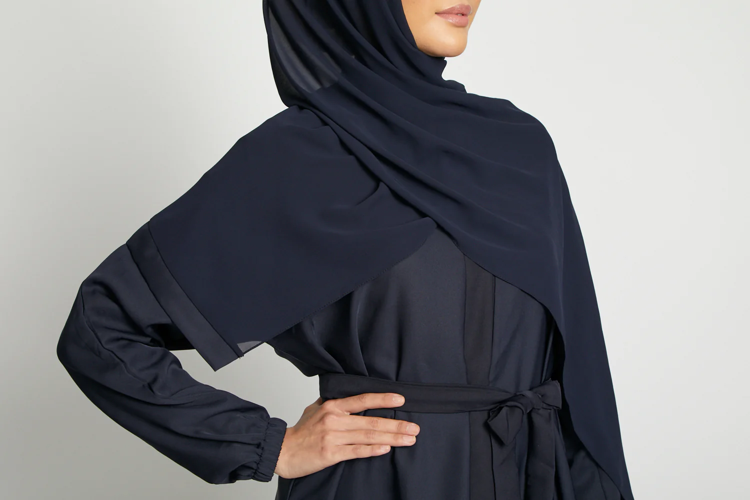 Open Abaya with Elasticated Cuffs - Deep Navy - Image 7