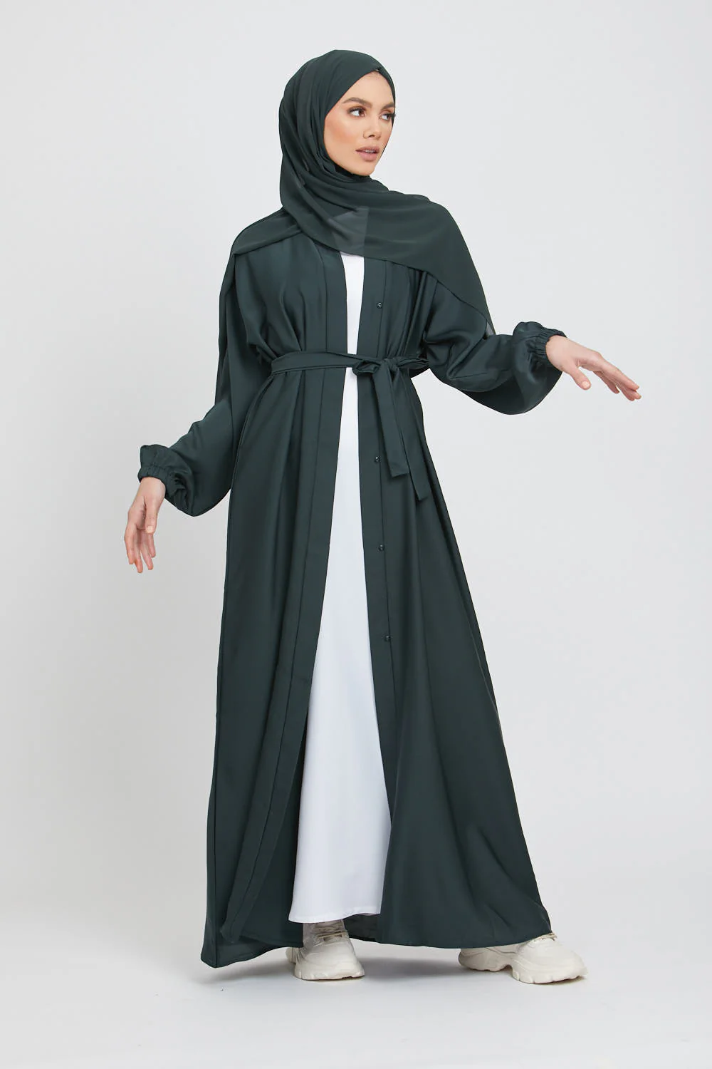 Open Abaya with Elasticated Cuffs - Forest Green - Image 3