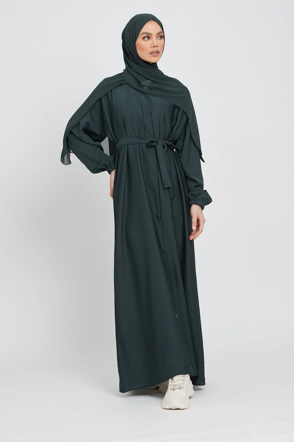 Open Abaya with Elasticated Cuffs - Forest Green - Image 5
