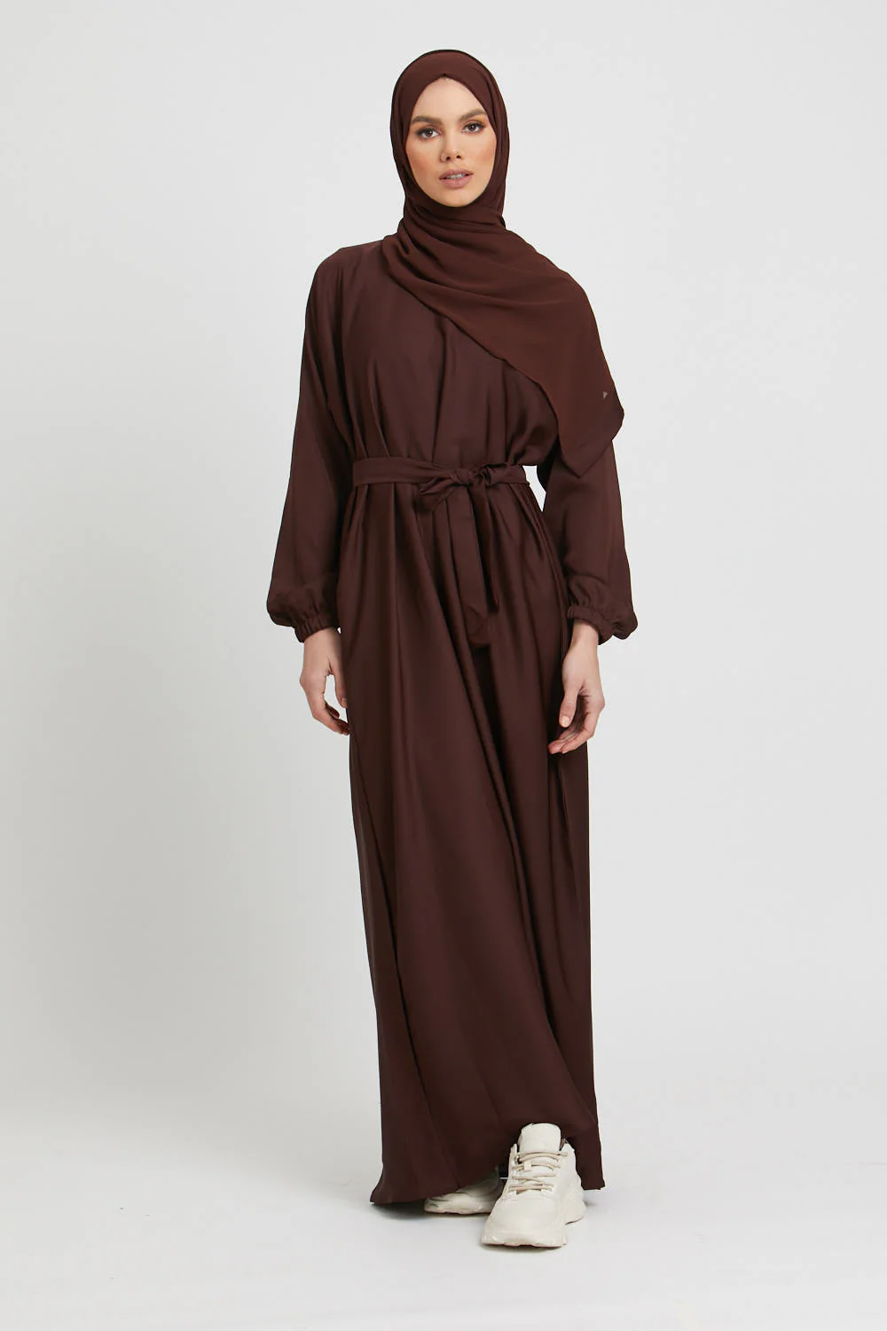 Plain Abaya with Elasticated Cuffs - Mahogany - Image 2