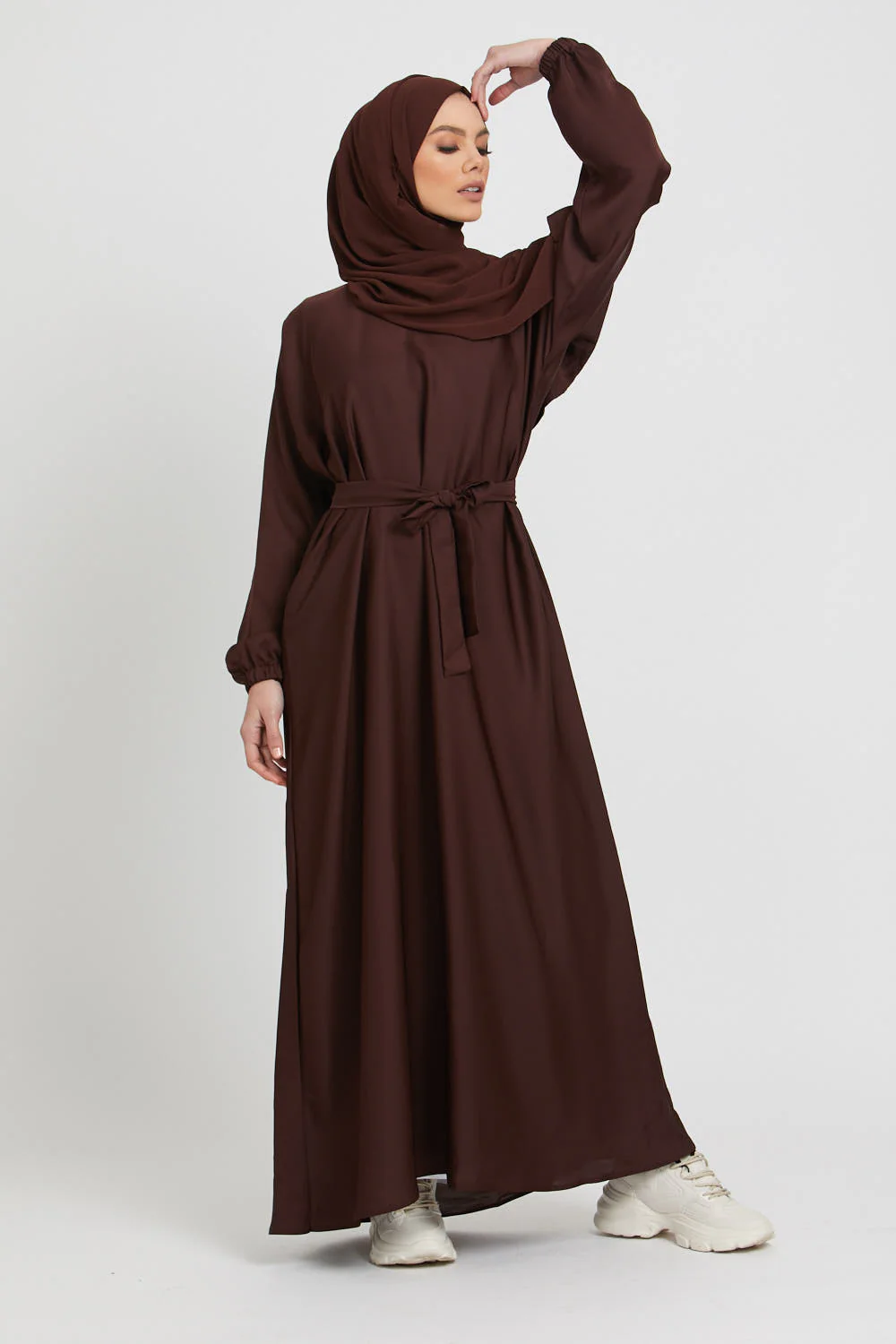 Plain Abaya with Elasticated Cuffs - Mahogany - Image 5