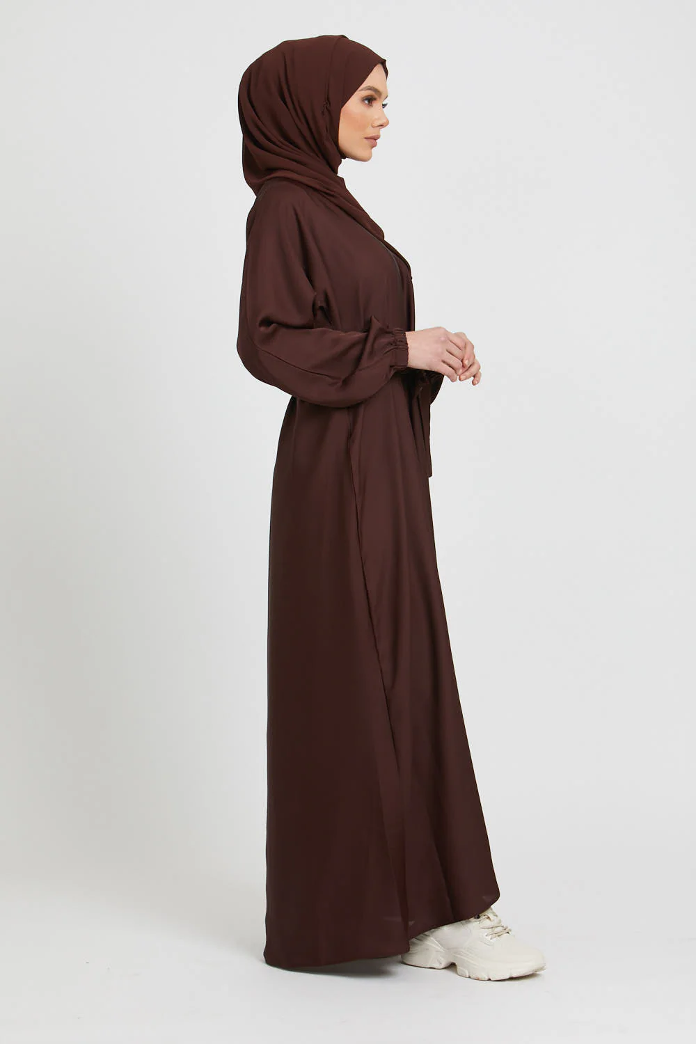Plain Abaya with Elasticated Cuffs - Mahogany - Image 6