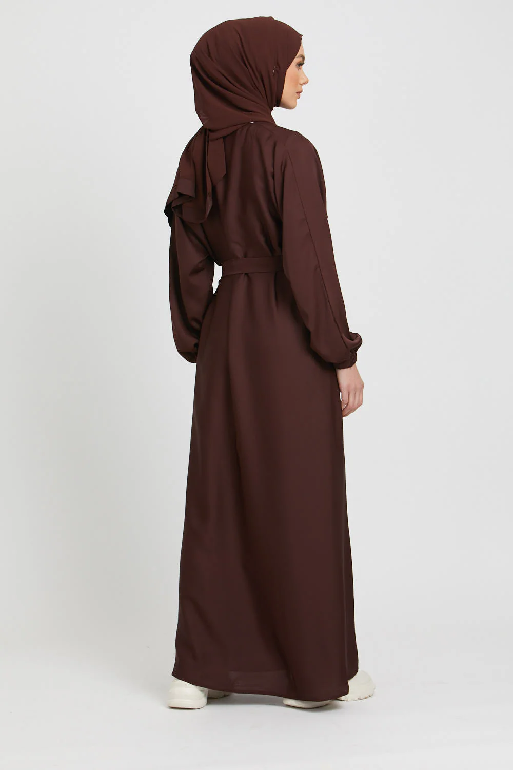 Plain Abaya with Elasticated Cuffs - Mahogany - Image 7