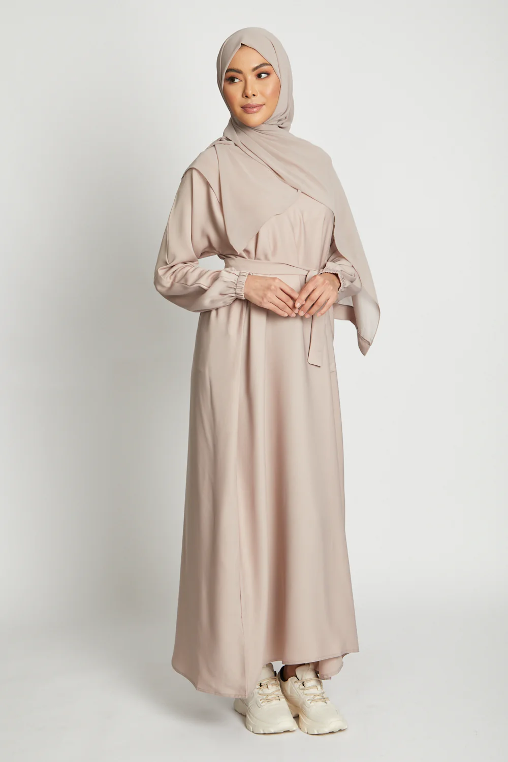 Plain Abaya with Elasticated Cuffs - Natural - Image 4
