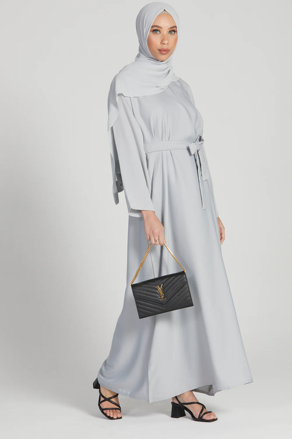 Plain Closed Abaya with Pockets - Silver Grey - Image 2
