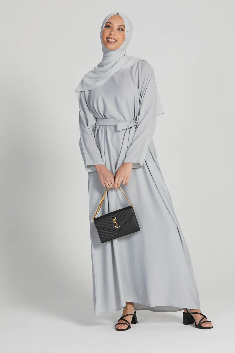 Plain Closed Abaya with Pockets - Silver Grey - Image 3