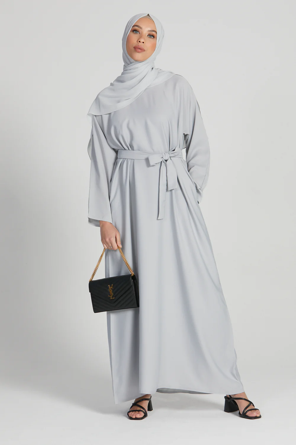 Plain Closed Abaya with Pockets - Silver Grey - Image 6