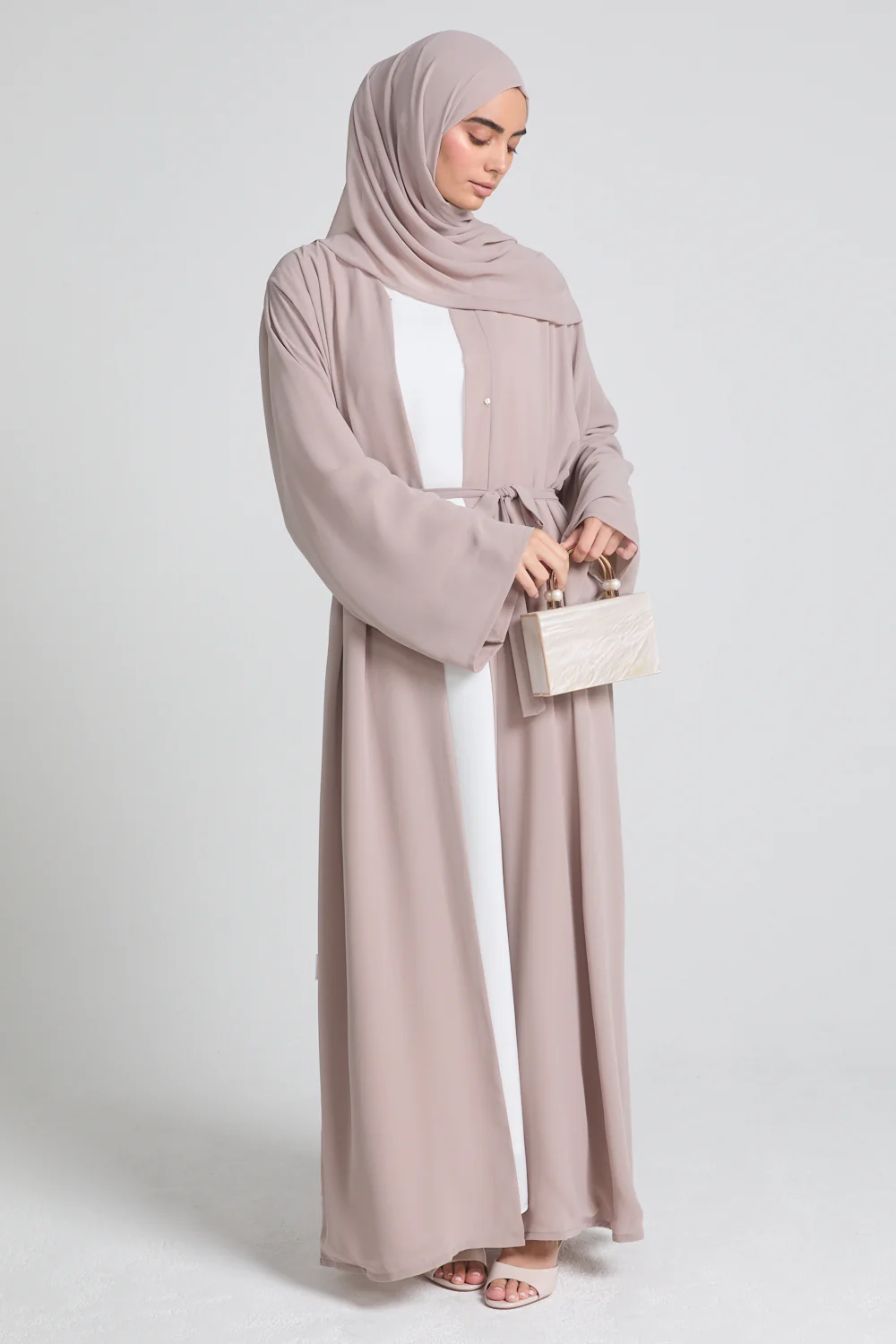 Plain Double Chiffon Open Abaya - French Almond