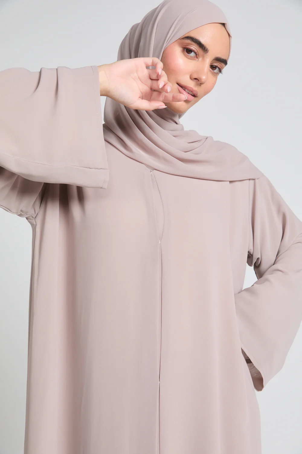 Plain Double Chiffon Open Abaya - French Almond - Image 2