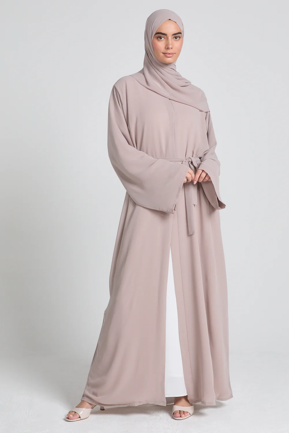 Plain Double Chiffon Open Abaya - French Almond - Image 3