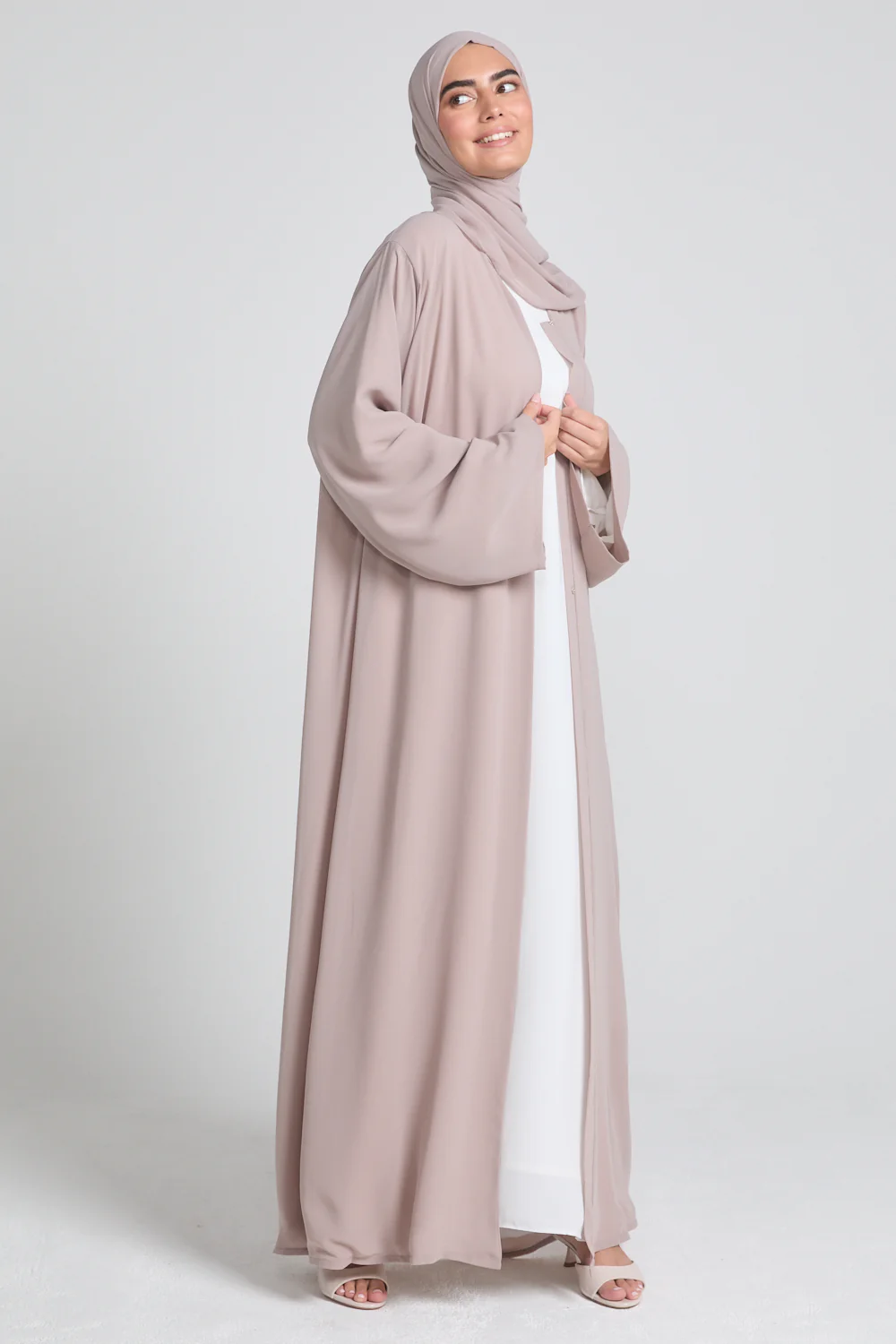 Plain Double Chiffon Open Abaya - French Almond - Image 4