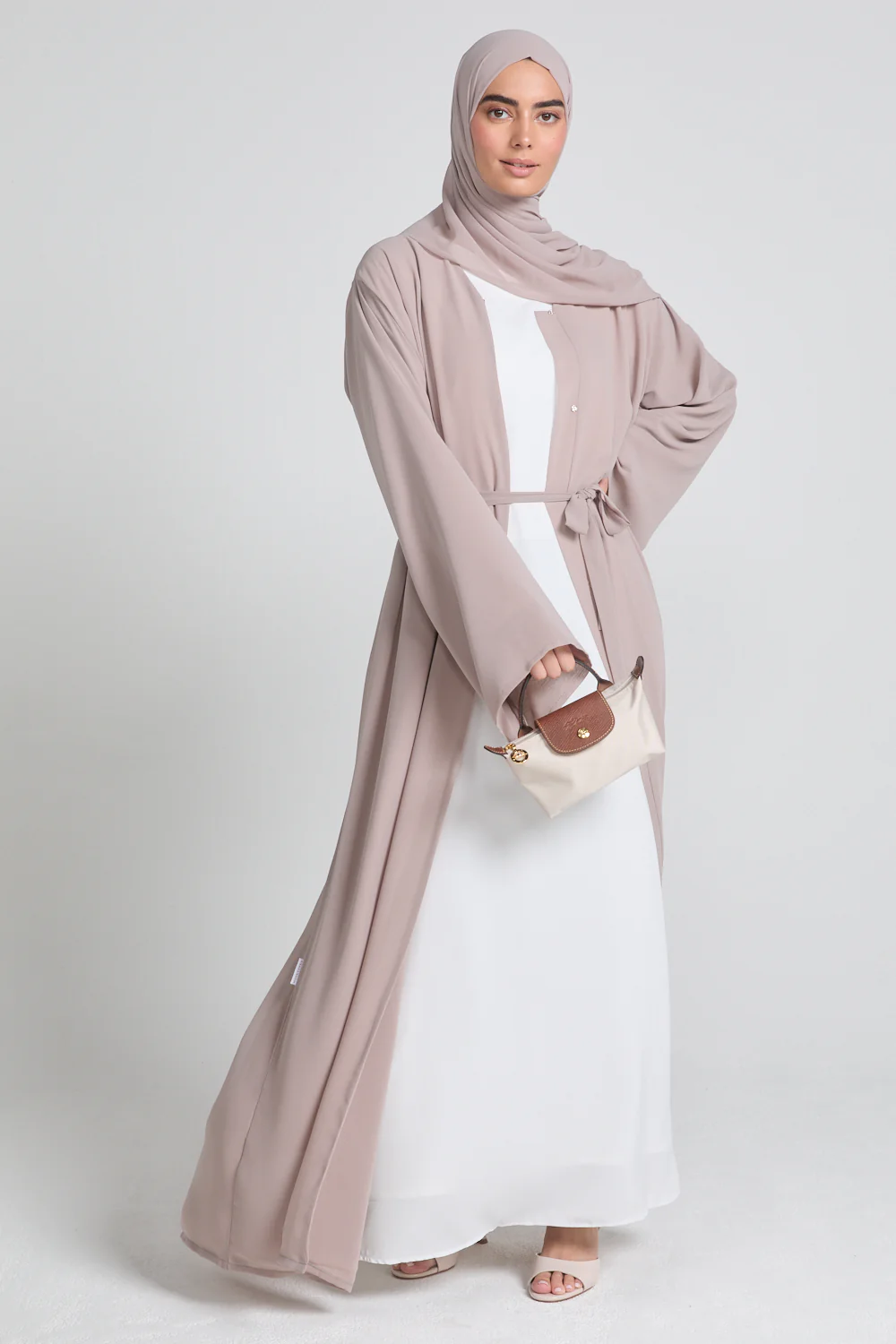 Plain Double Chiffon Open Abaya - French Almond - Image 5