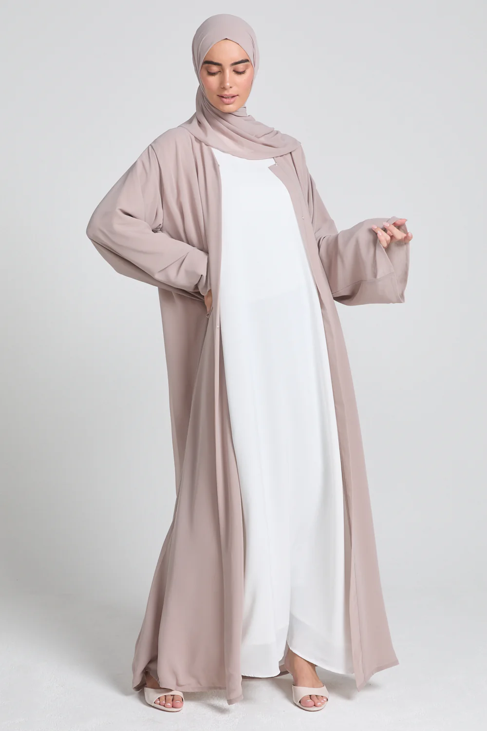 Plain Double Chiffon Open Abaya - French Almond - Image 6