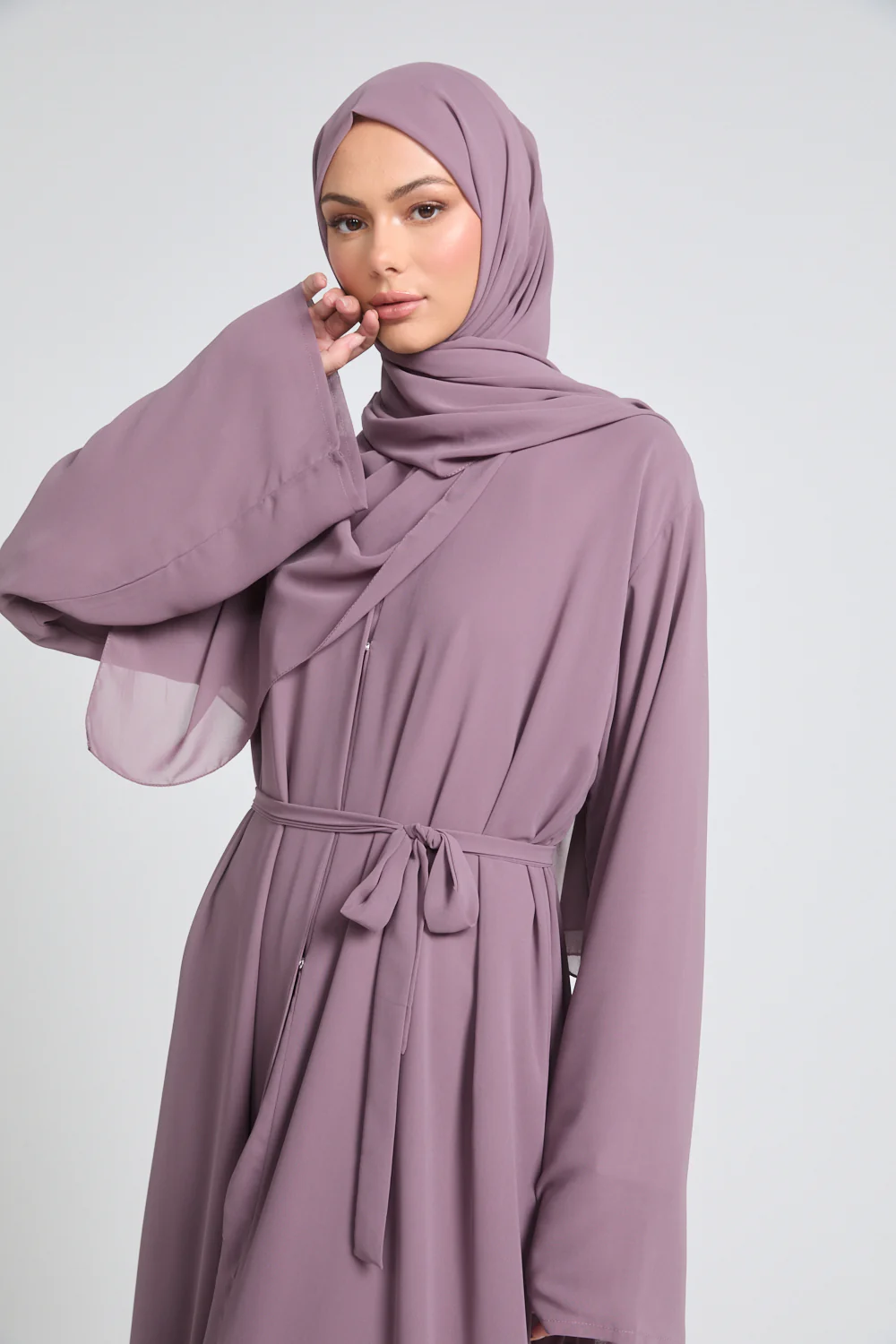 Plain Double Chiffon Open Abaya - Mauve - Image 2