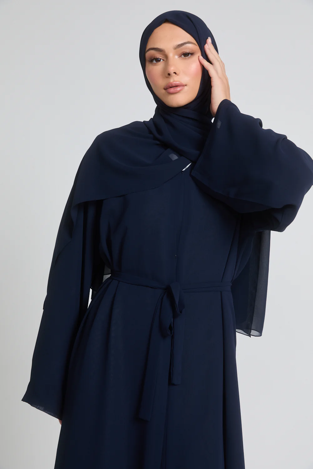 Plain Double Chiffon Open Abaya - Navy - Image 2