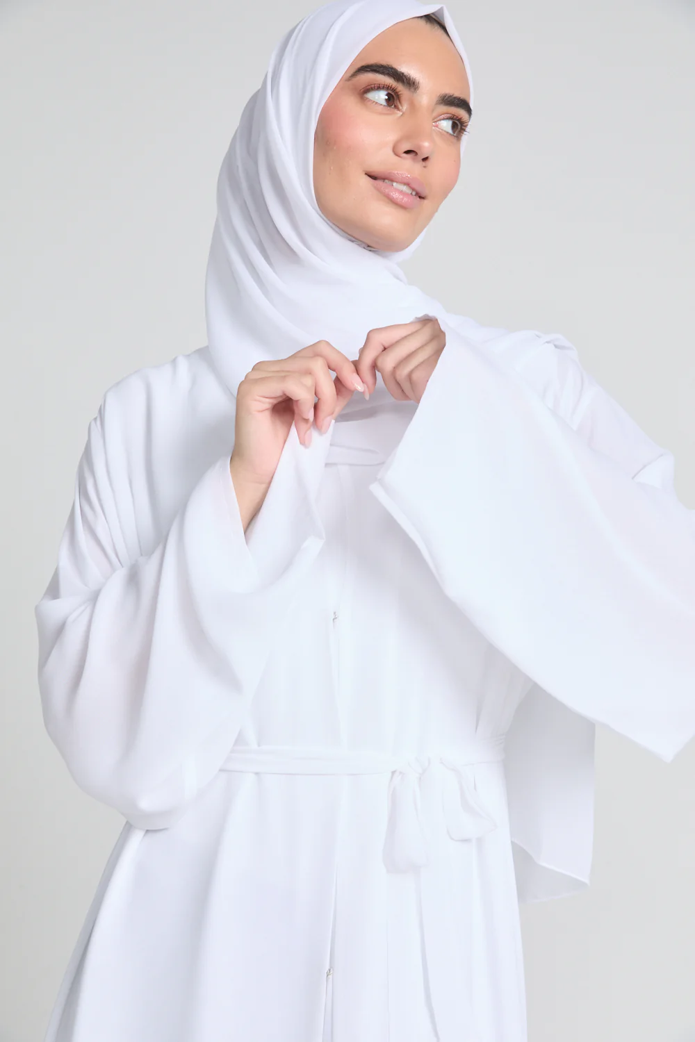 Plain Double Chiffon Open Abaya - White - Image 2