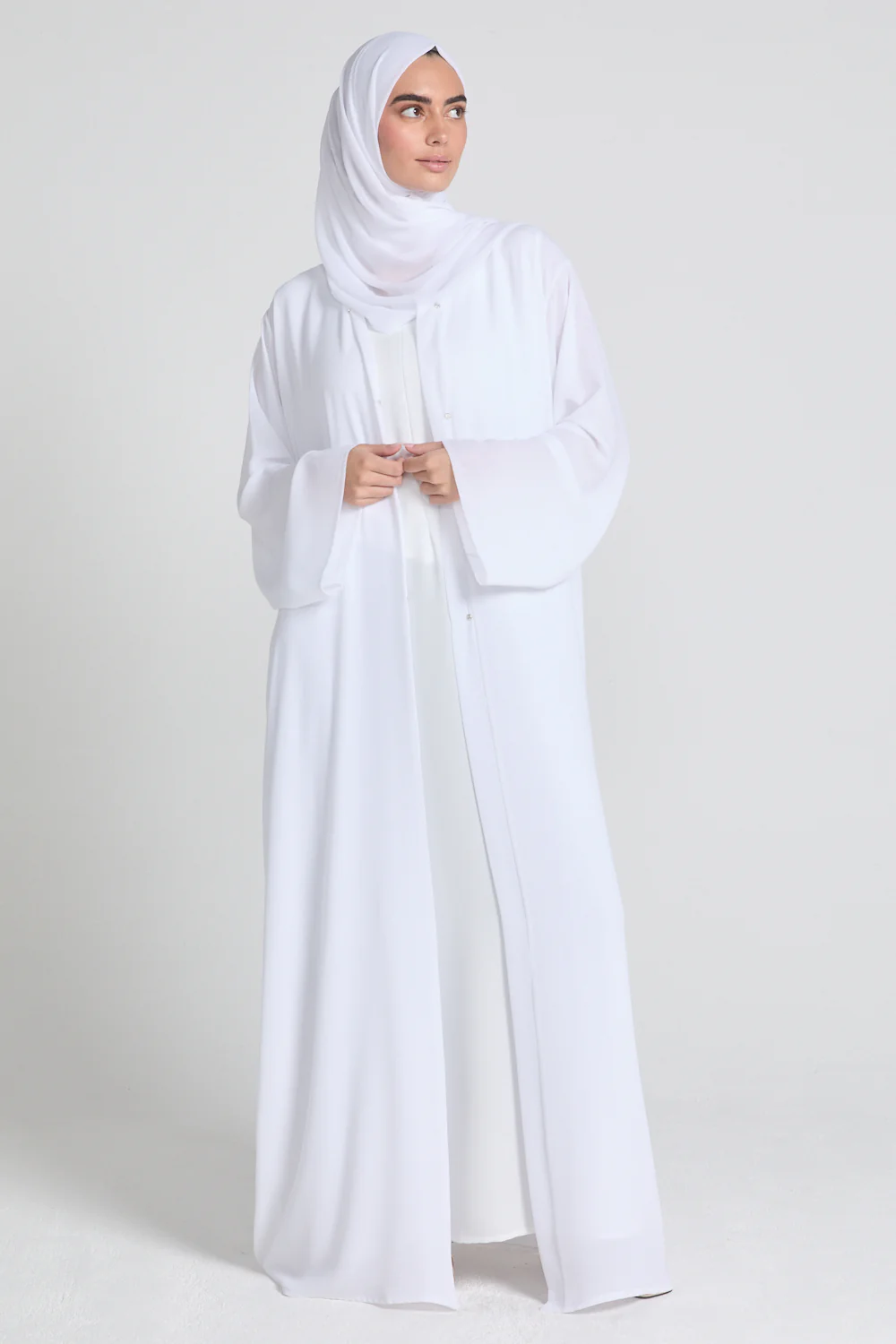 Plain Double Chiffon Open Abaya - White - Image 3